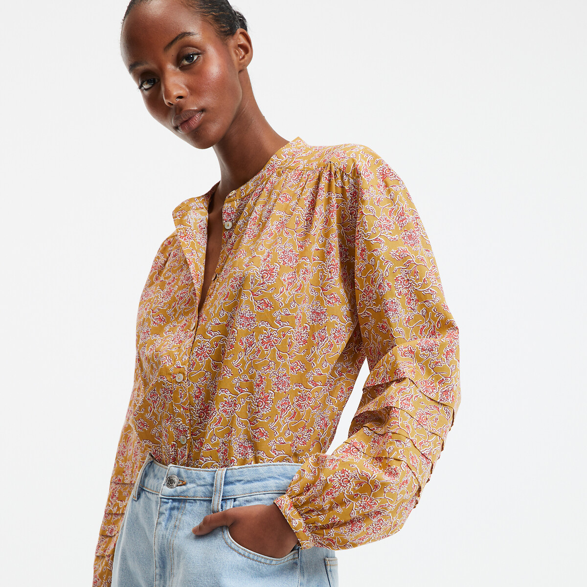 COLEÇÃO LA REDOUTE<br>Blusa com estampa floral, gola redonda e mangas bufantes