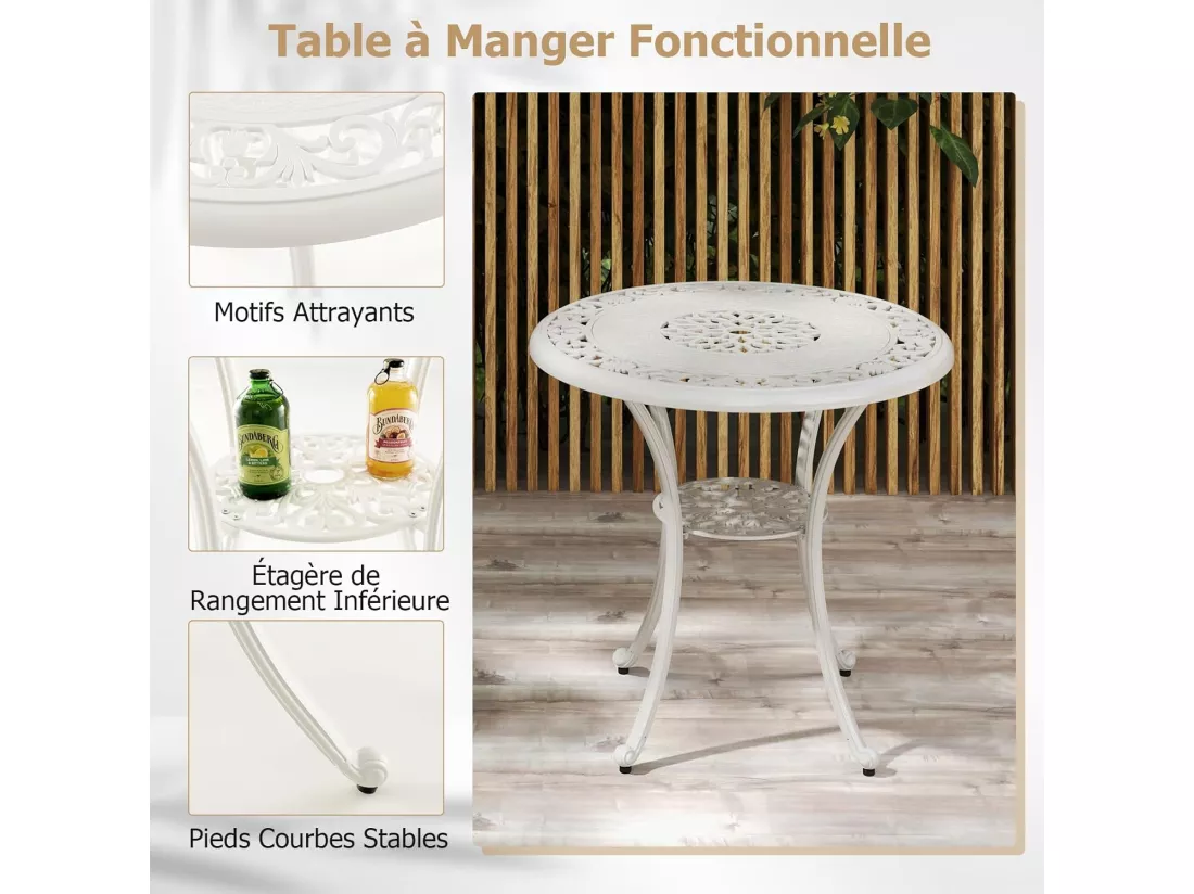 Ensemble Bistrot pour Patio 5 Pièces en Fonte d'Aluminium, Table Ronde avec Trou pour Parasol et 4 Chaises, Salon de Jardin Résistant aux Intempéries pour Jardin Terrasse, Blanc