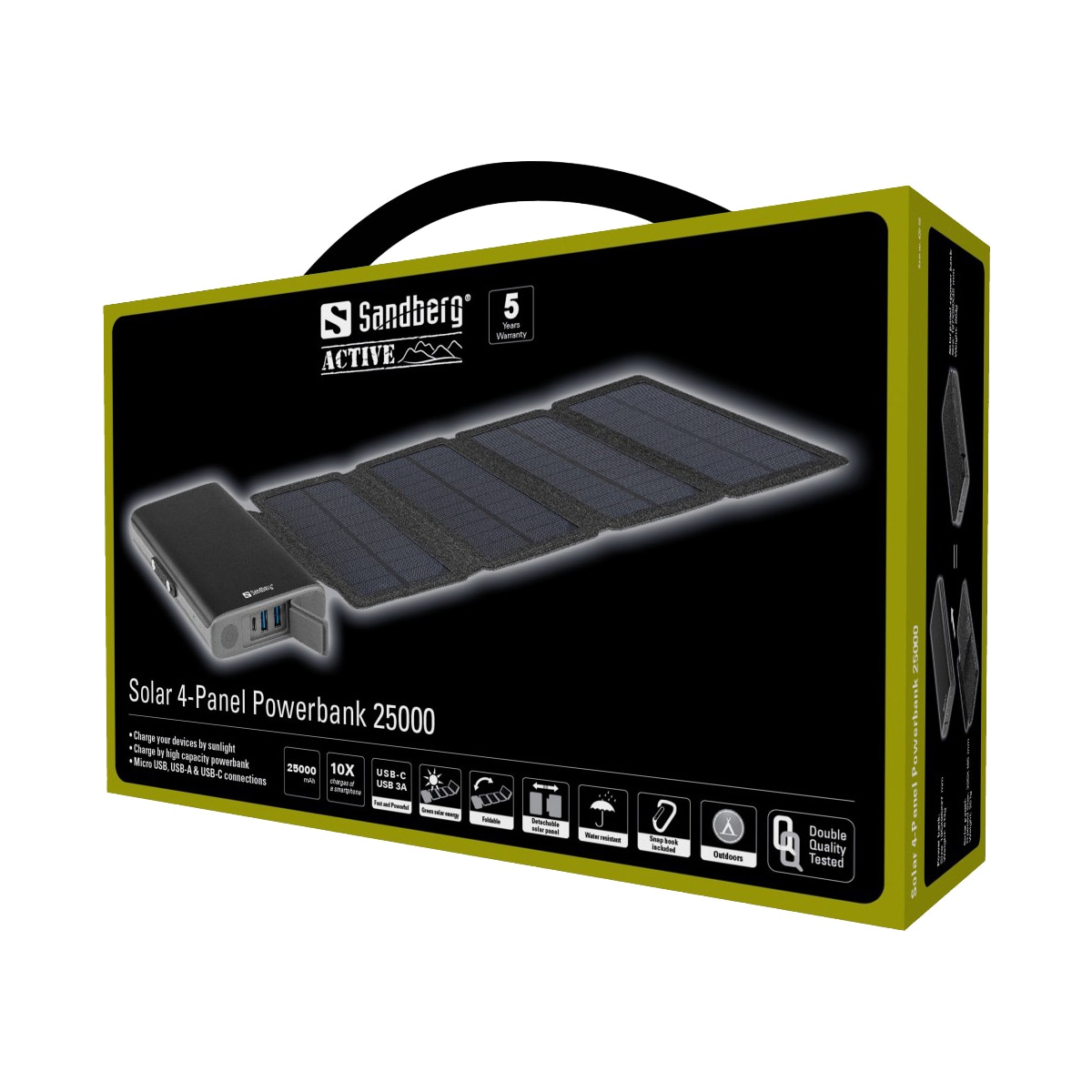 25.000 mAh Solar 4-panel Powerbank, svart
