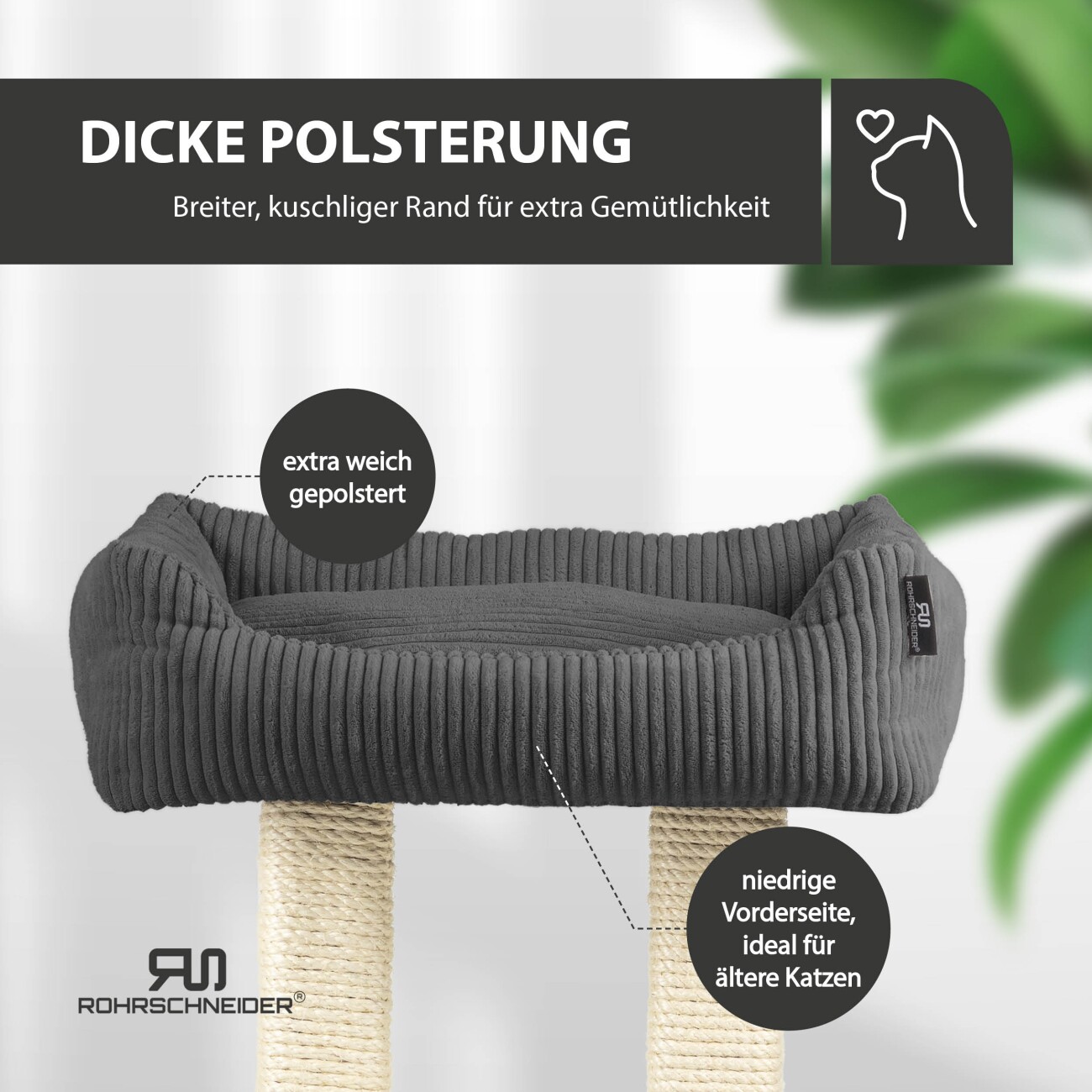 Rohrschneider ® moderner Kratzbaum, Kratzsäulen aus Vollholz, Katzenbett mit Wendekissen