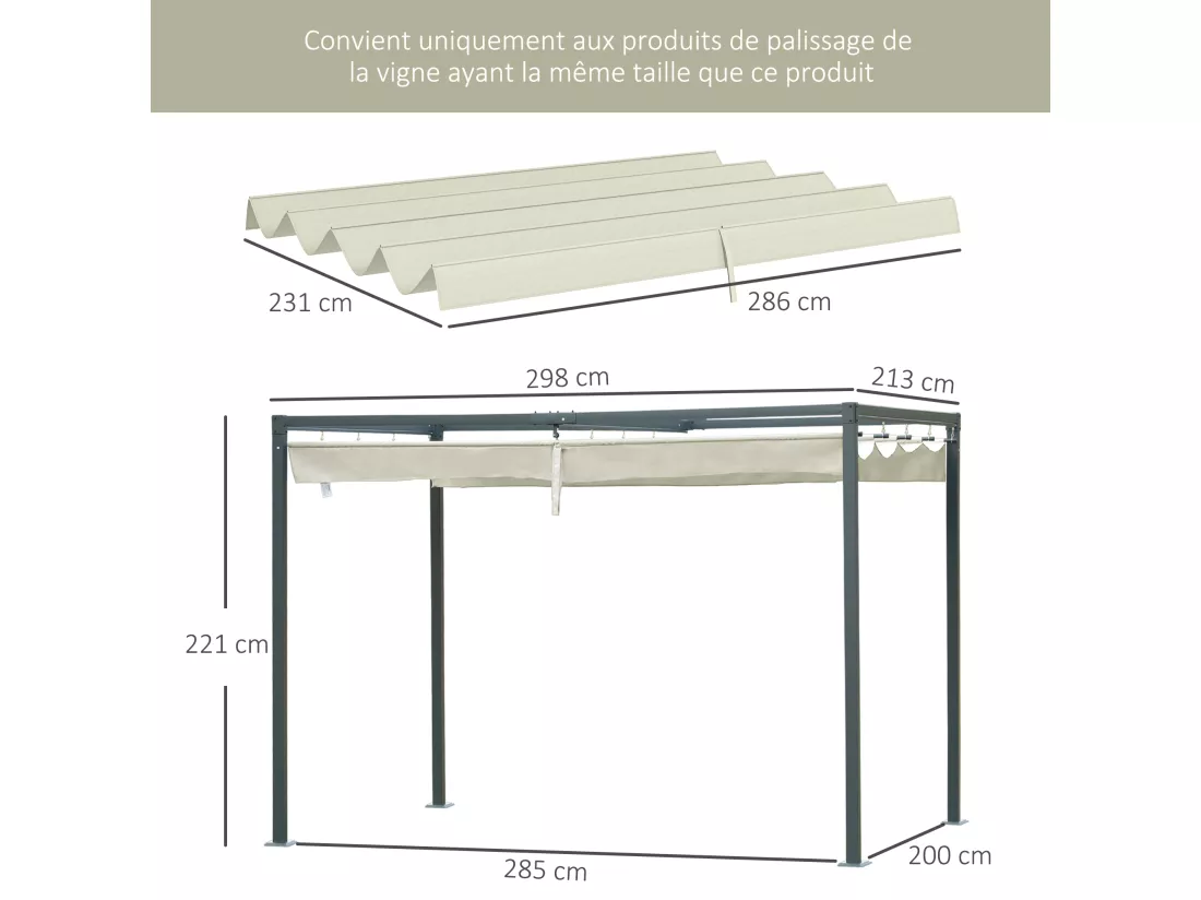 Toile de rechange pour pergola rétractable 3 x 2,15 m polyester haute densité 180 g/m² anti-UV30+ crème
