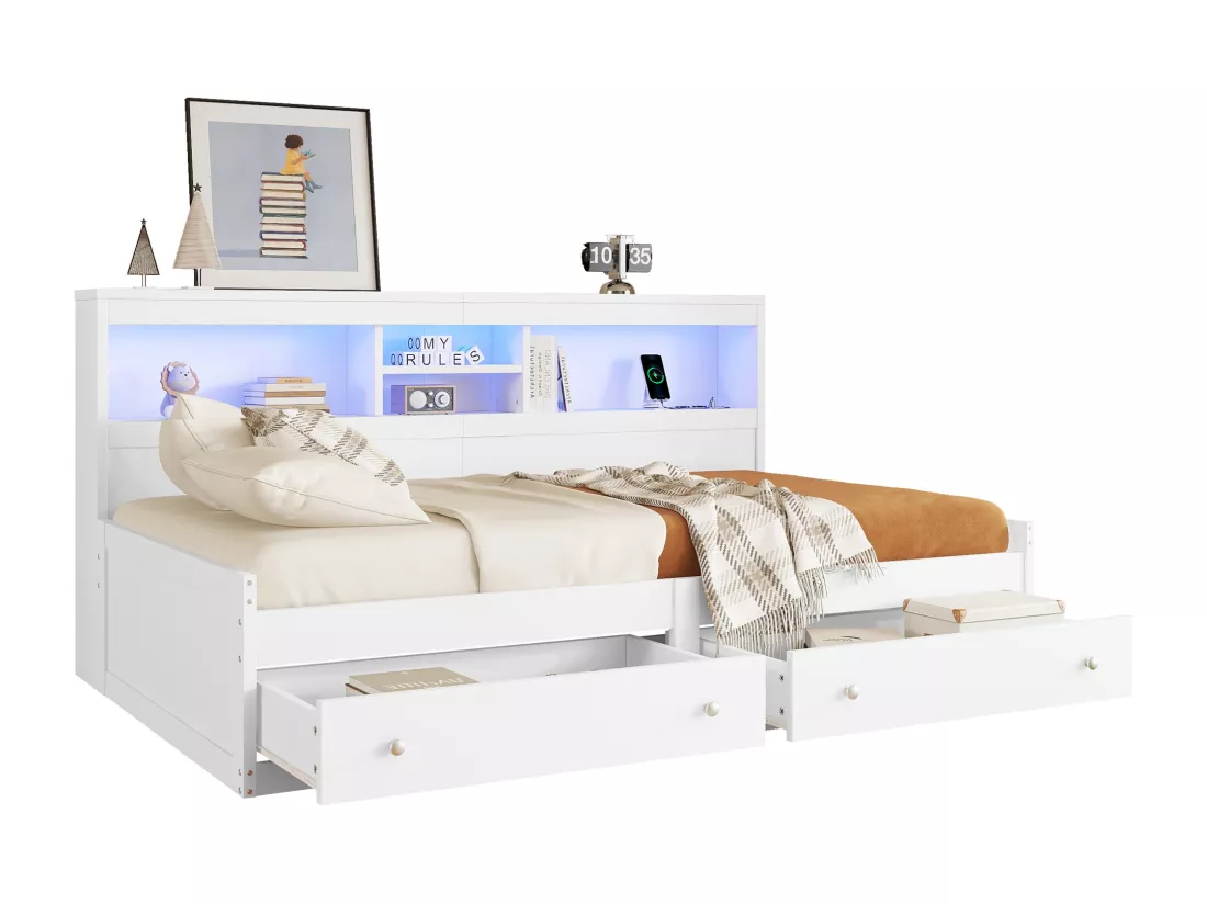 Lit banquette 90x200cm - avec prise USB & 2 tiroirs - sommier à lattes - Blanc
