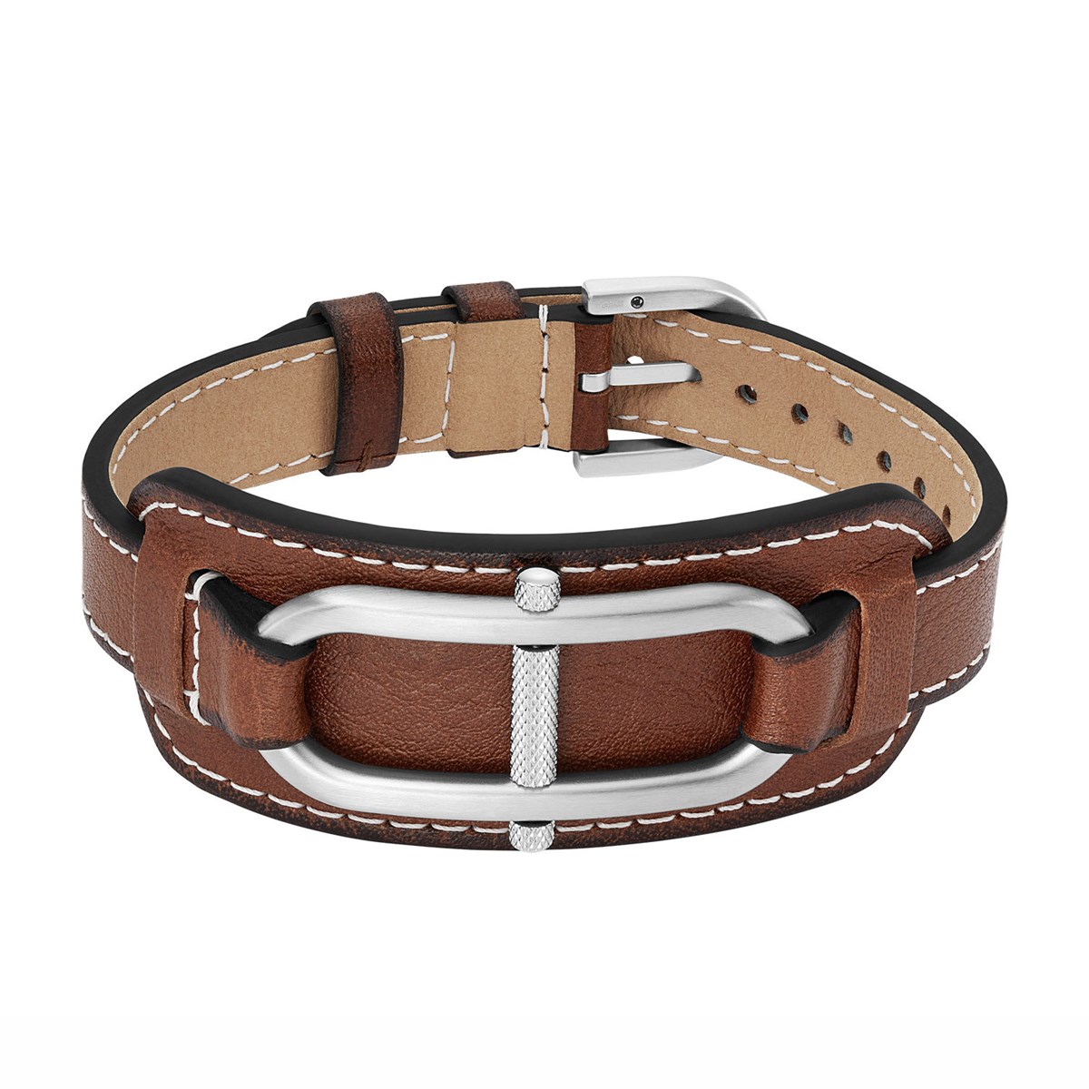 Bracelet homme Fossil Heritage D-Link cuir brunmotif ovale avec barette acier