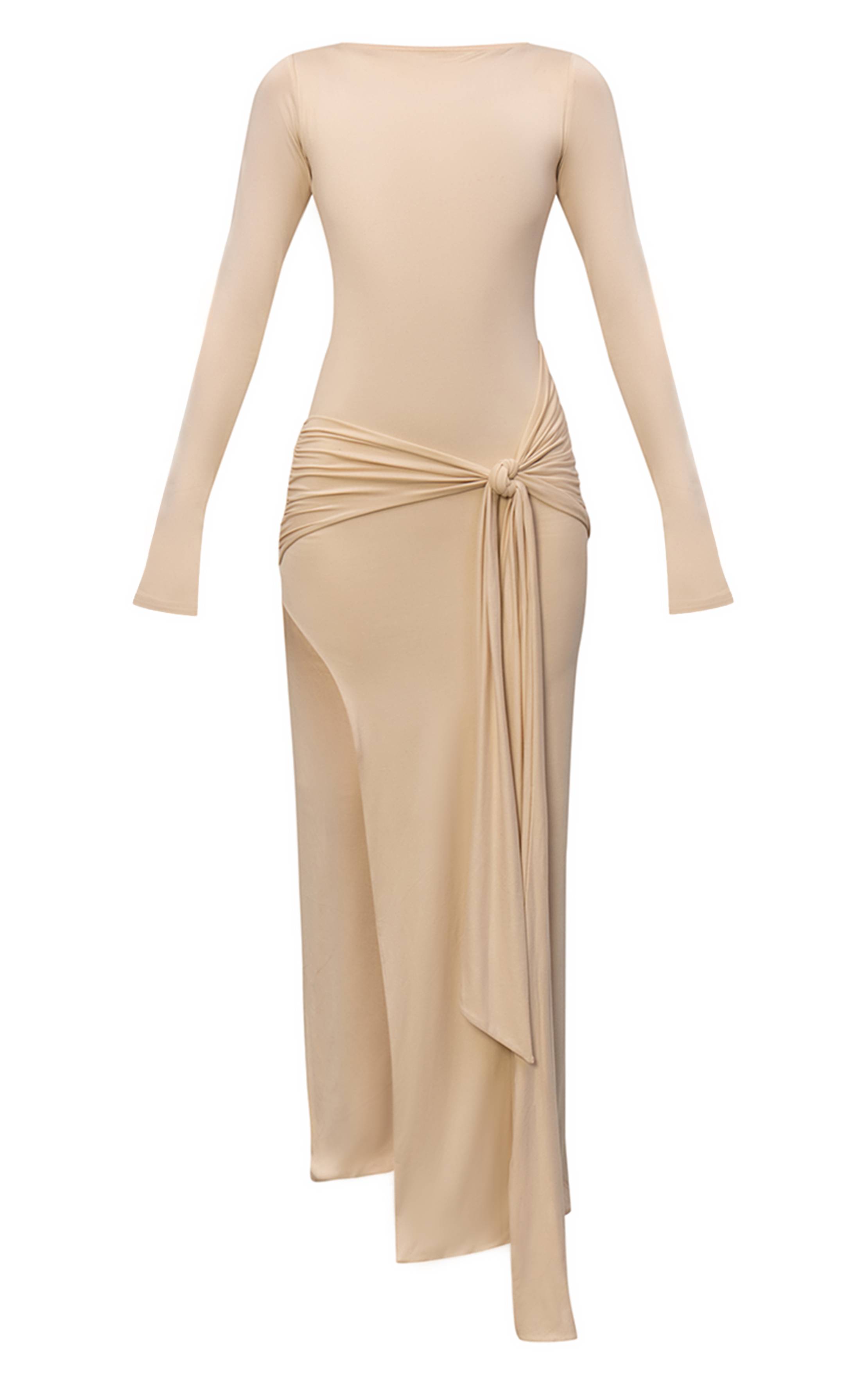 Crème Robe Longue Drapée À Encolure Bateau En Tissu Doux Au Toucher