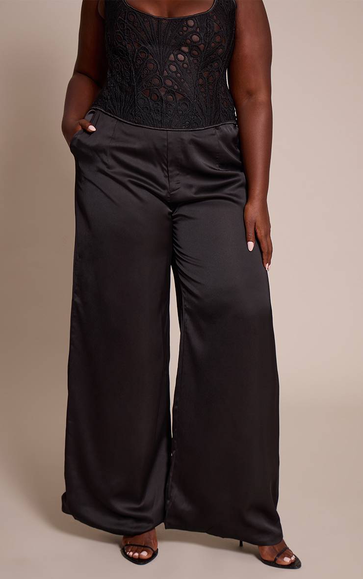 Noir Pantalon Large Taille Haute En Satin Co-ord Grande Taille