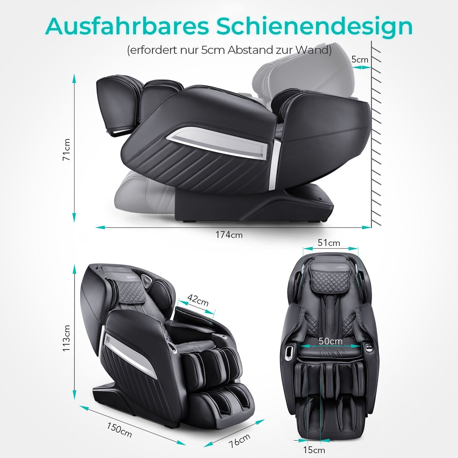NAIPO Massagesessel Shiatsu Zero-Gravity Massagestuhl Wärmetherapie 3D Surround-Sound USB Schwarz