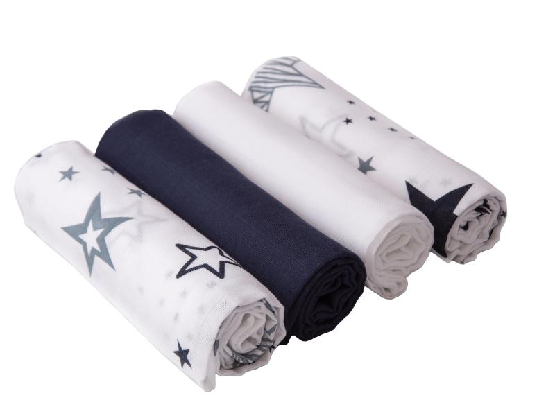 MAKIAN Mulltuch 4-er Set 80 x 80 cm Marine und Weiss Sterne Mulltücher 80 x 80 cm Marine / Weiss Sterne