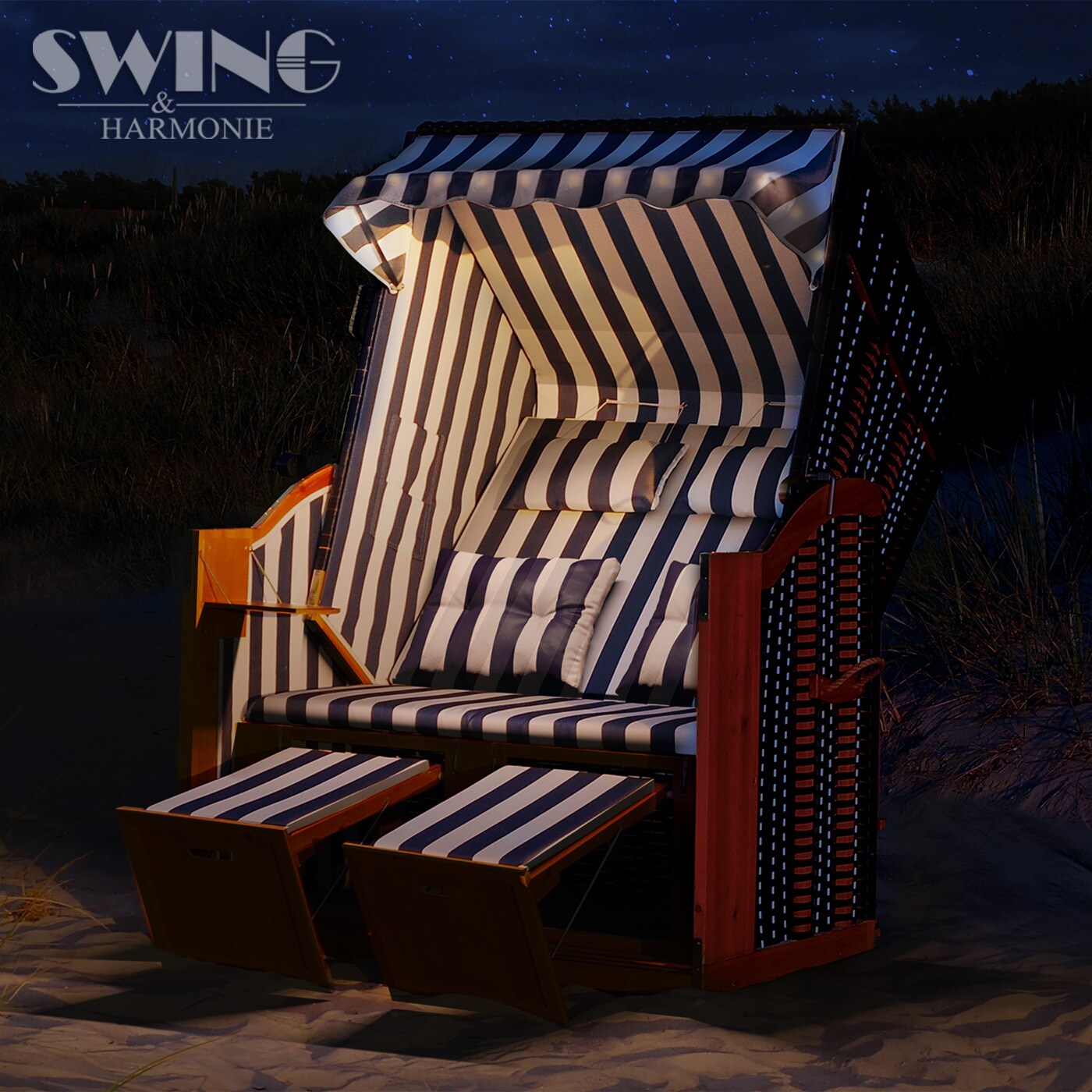 Swing&Harmonie LED - Strandkorb XXL - 118cm inkl. Abdeckcover Volllieger Ostsee Sonneninsel Rattan Möbel Polyrattan - versch. Ausführungen
