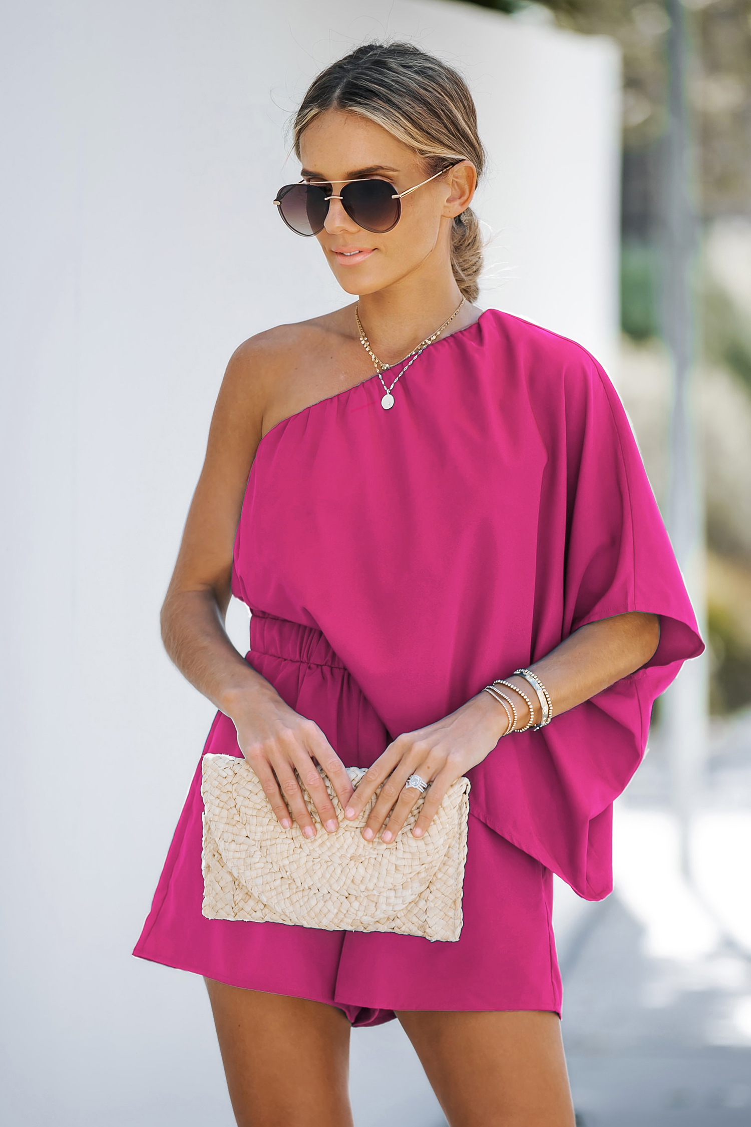Combishort à une épaule et corsage drapé fuchsia