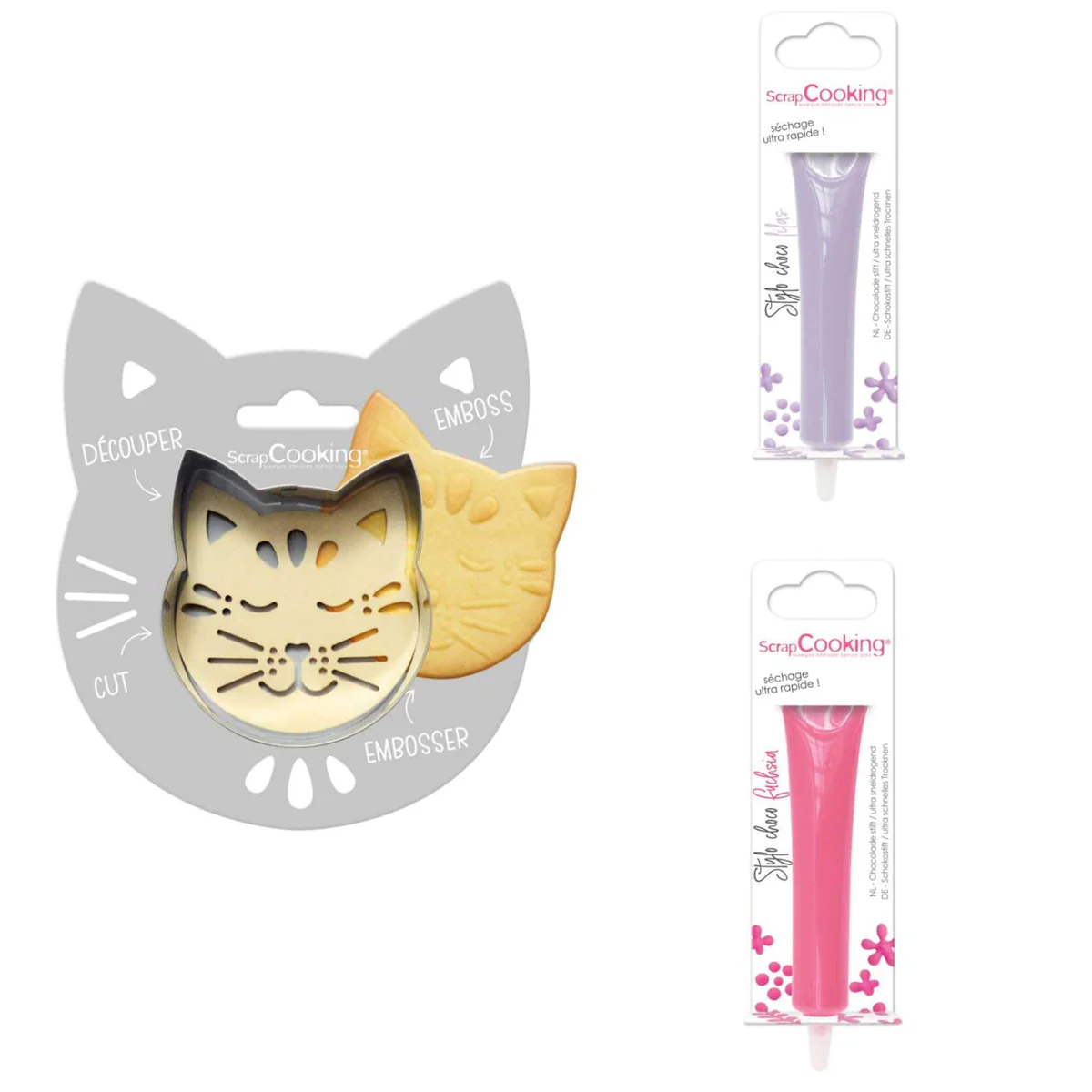 Kit pour biscuit en relief Chat + 2 Stylos au chocolat lilas et fuchsi
