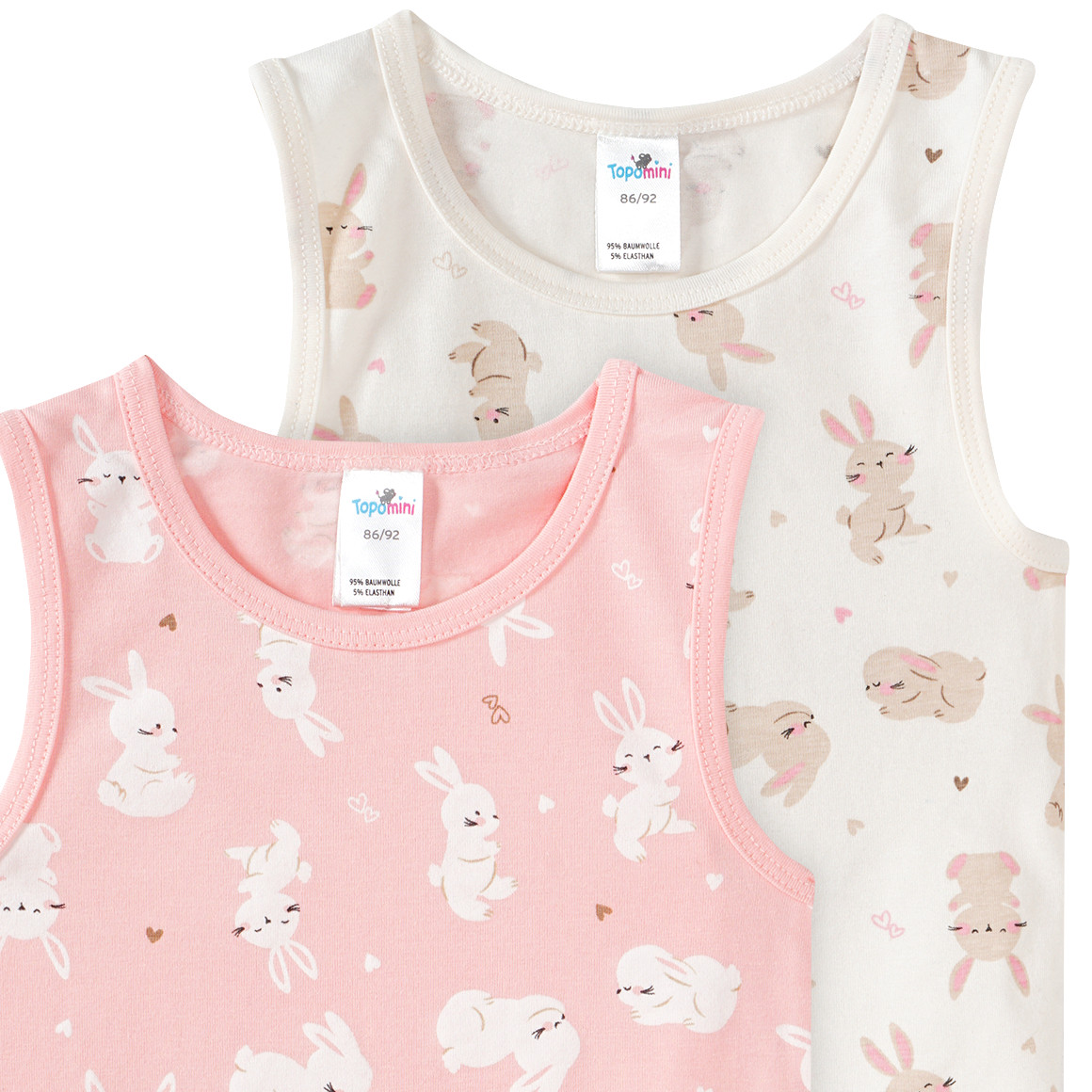 Topomini 2 Baby Unterhemden mit Hasen-Allover rosa / cremeweiss