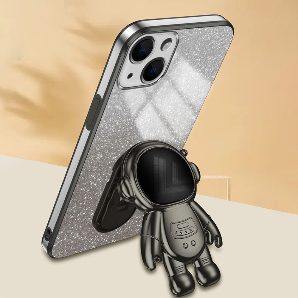 iPhone 15 Hybrid Hardcase Glitzer Hülle   Astronauten Kickstand Aufsteller   Kameraschutz - Schwarz / Silber