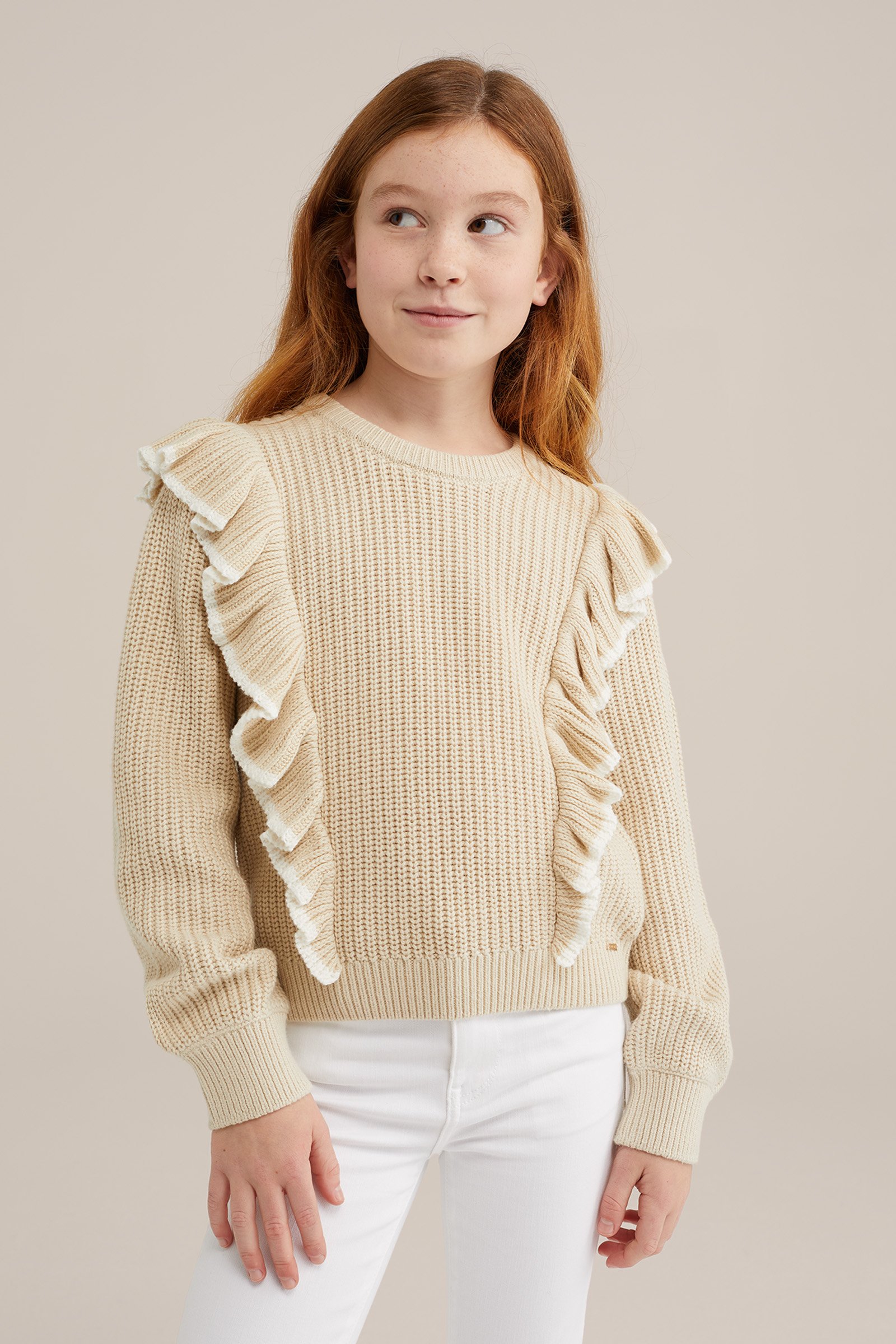 Meisjes gebreide trui met ruches WE Fashion Beige