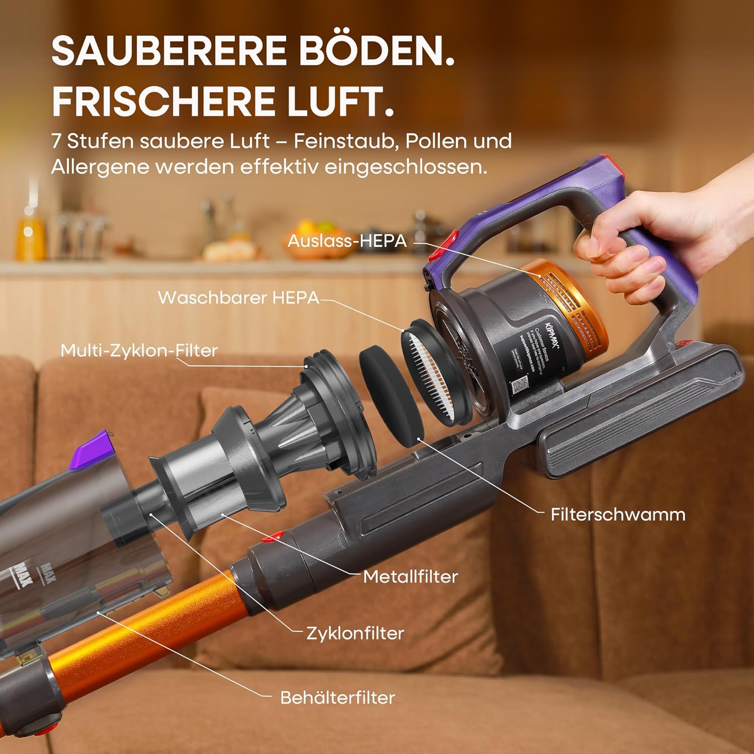 KIPMAX Akku Staubsauger 50000Pa/550W/70Min,1.5L Staubsauger Kabellos mit Display,Anti-Tangle-Bürste,7-Schicht-Filtra & 2 Duftplatten,Selbststehend Akkustaubsauger für Teppiche/Tierhaar/Hartböden