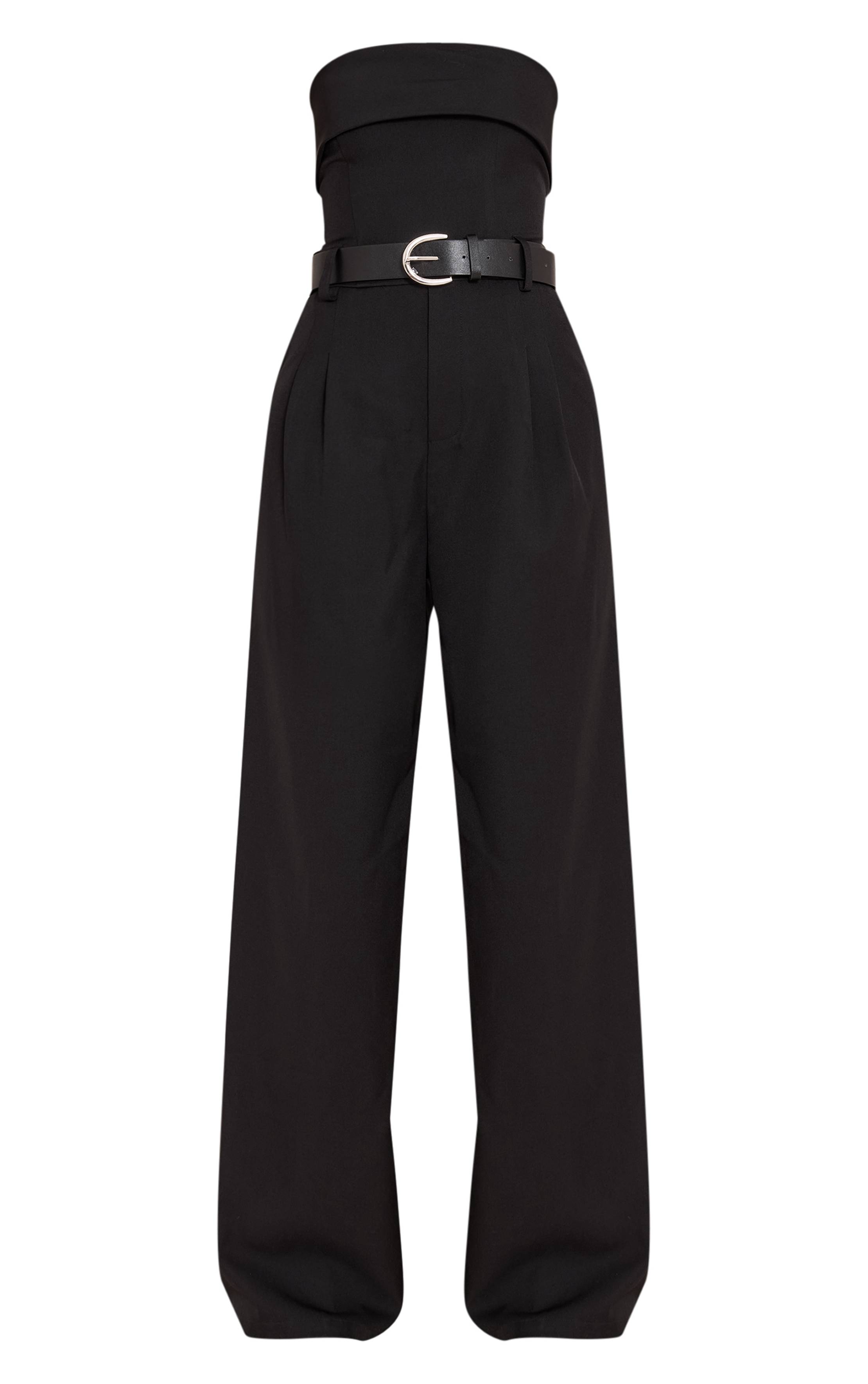 Noir Combinaison-pantalon Large À Bandeau Ceinturée En Tissu Tissé