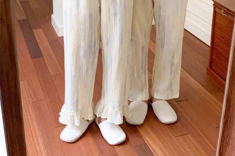 Tanee - Koppel bijpassende pyjamablouse met lange mouwen, ronde hals en patroonprint en ruches / overhemd met kraag / broek met rechte pijpen / pyjamajurk / set (verschillende ontwerpen)