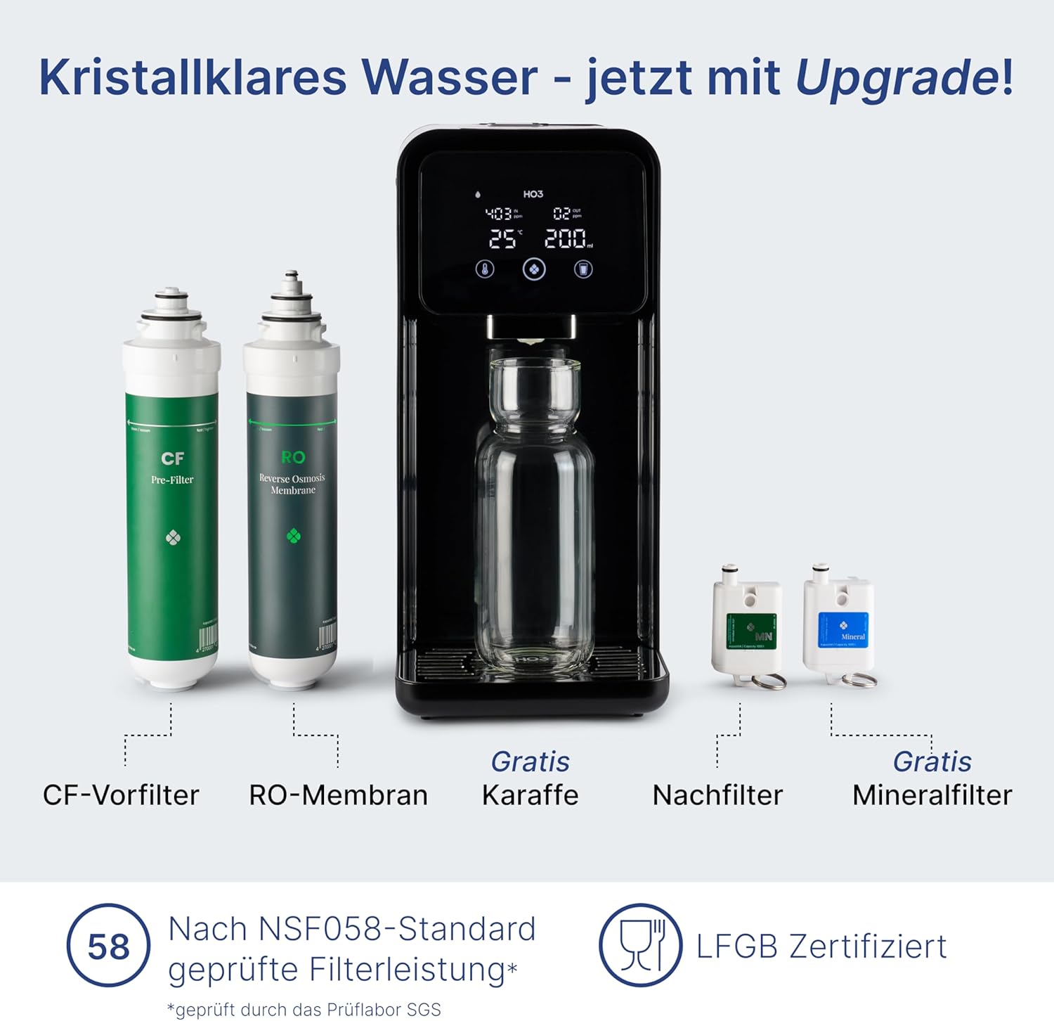 HO3 Home One Auftisch Osmoseanlage für Trinkwasser mit 4 Temperaturstufen (RT, 50, 85, 95°C), 10 Stufen Wasserausgabe, mit Echtzeit TDS, 8 Stufen Filtration und Luma-UV, Wasserfilter (Schwarz)