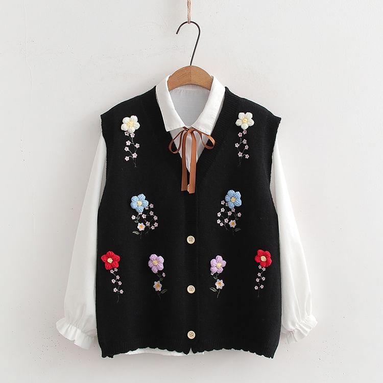 Angel Love - Set: Shirt met lange mouwen en kraag + V-hals gehaakt vest met bloemenmotief en knopen