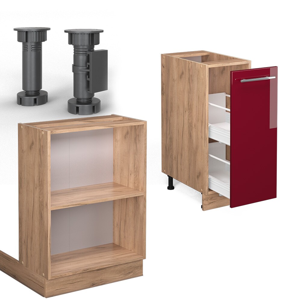 Vicco Kücheninsel Küchenblock Einbauküche Fame-Line Eiche Bordeaux Rot 90 cm modern Hochglanz Küchen Schränke Apothekerunterschrank Schubunterschrank Regalinselunterschrank Softclose-Scharnier Küchenmöbel