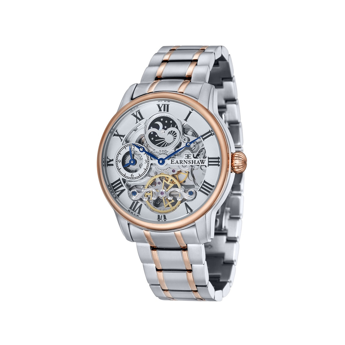 Montre EARNSHAW Longitude homme automatique acier noir bracelet cuir marron