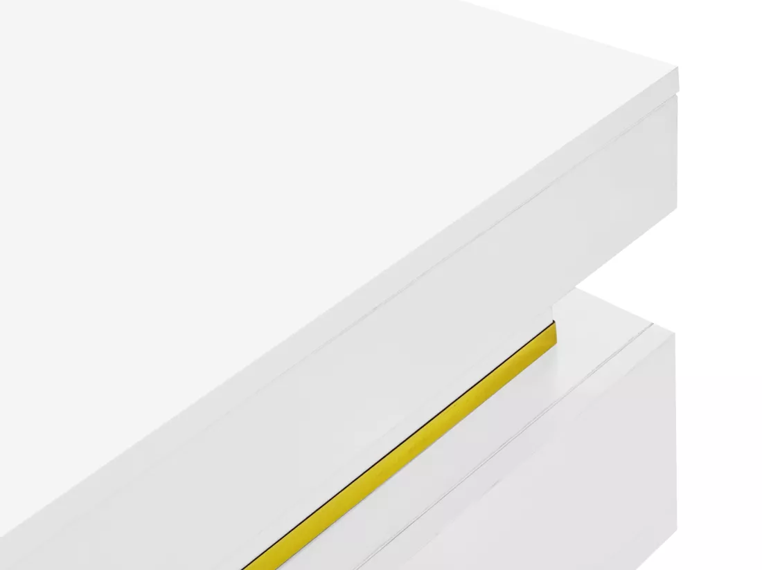 Table basse 70x70cmx35.5, table carré haute brillance avec tiroirs et accents dorés, blanc