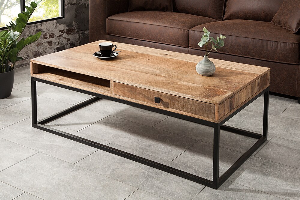 riess-ambiente Couchtisch IRON CRAFT- Massivholz 100cm Mangoholz mit Schublade schwarzes Metallgestell Wohnzimmer
