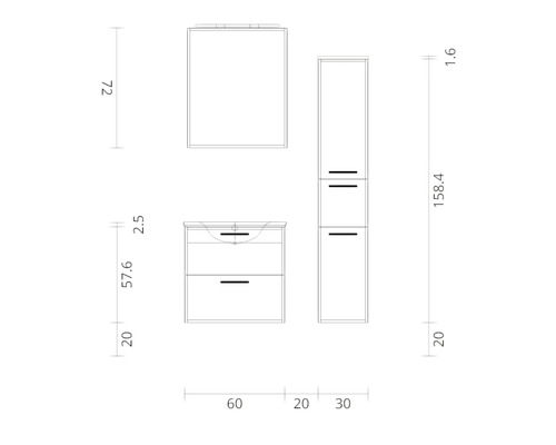 3-delige badkamermeubelset nobilia elements Urban BxHxD 90 x 140 x 46,1 cm Frontkleur wit mat Wastafel Onderkast Spiegelkast met LED-verlichting Wandkast Greep chroom mat 4004539046405