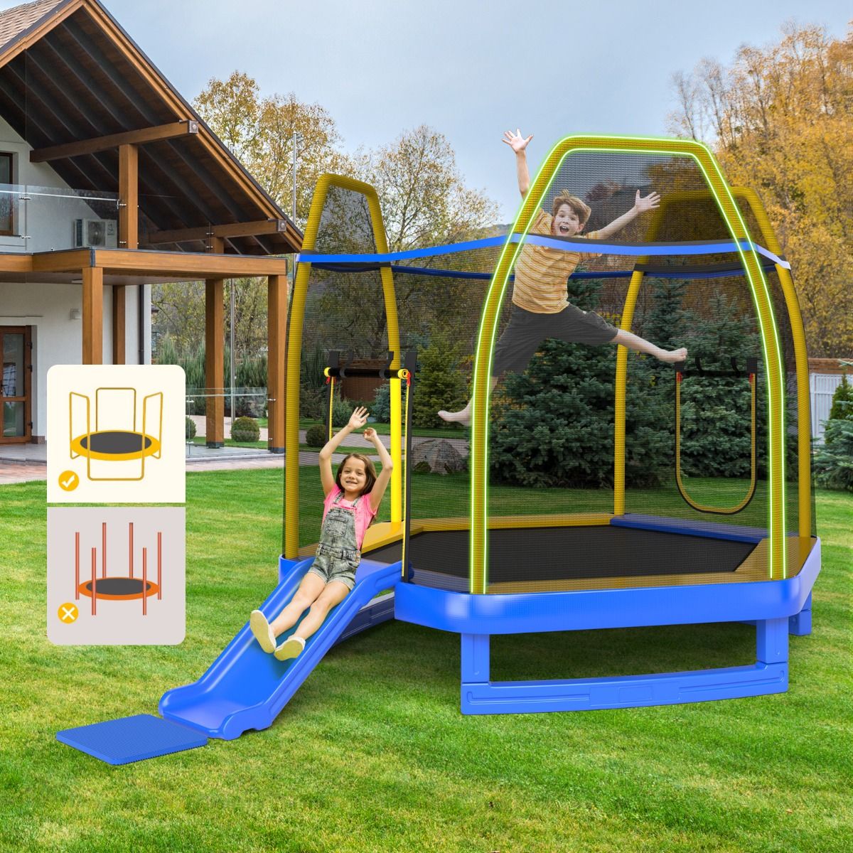 Trampoline Extérieur Ø 223cm avec Toboggan&Echelle avec Filet de Sécurité 2 Portes en U Charge 270kg pour 2-3 Enfants de 3 Ans+ Bleu/Vert - Lidl-Manfred