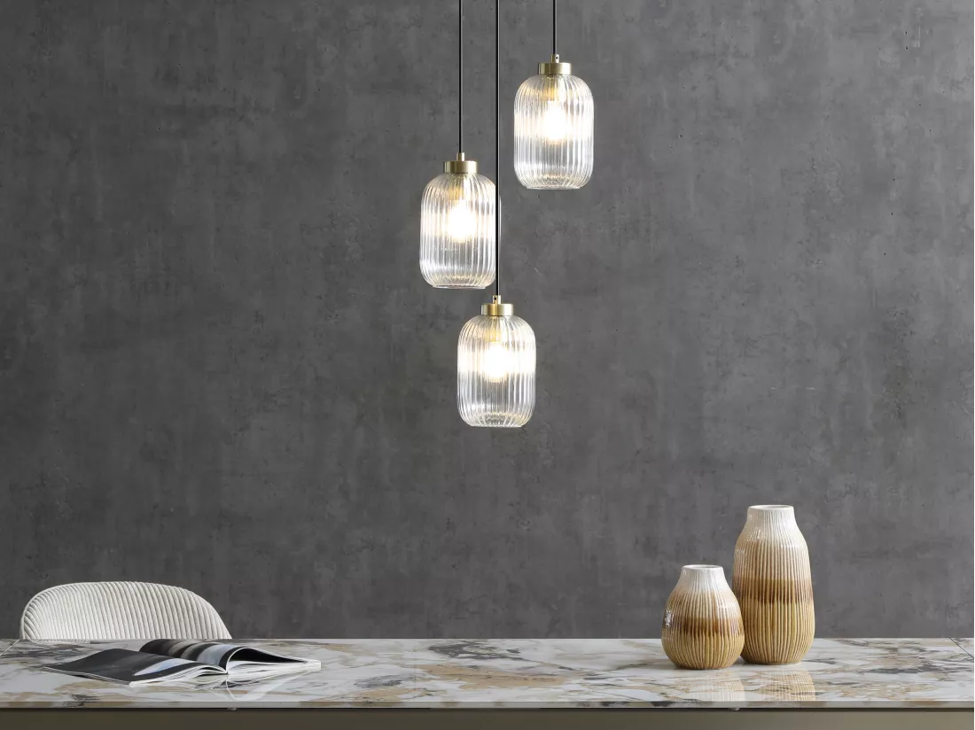 Lustre vintage en métal et verre - 3 globes - L. 30 x H. 120 cm - Doré - LOUXOR