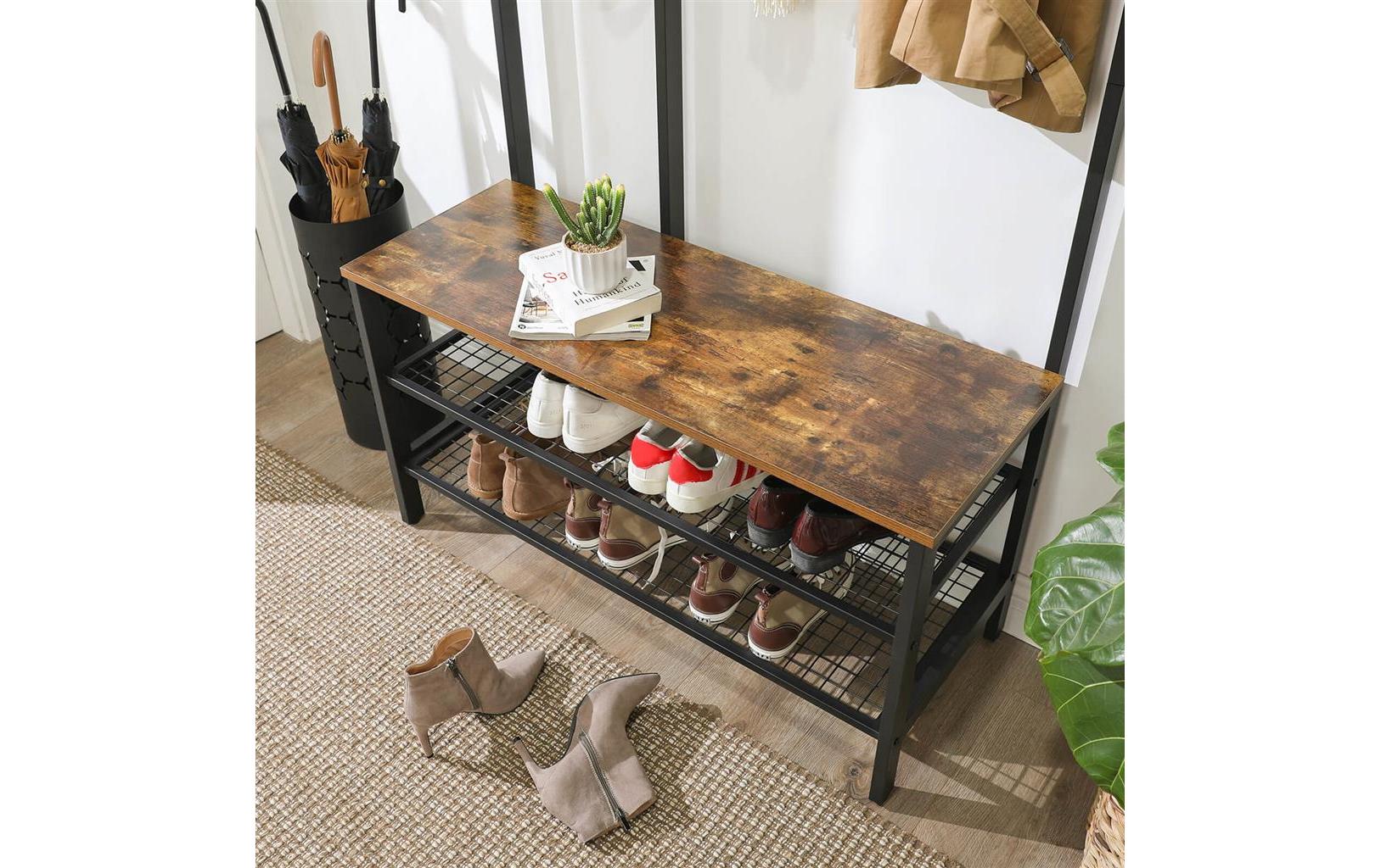 Garderobe mit Sitzbank 185 cm, Braun/Schwarz<br>Kleiderständer aus Holz
