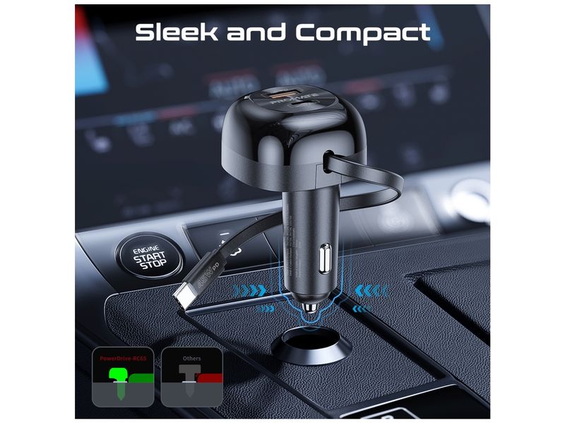 Promate Autoladegerät PowerDrive-RC65 Auto-Ladegerät mit ausziehbarem USB-C-Kabel