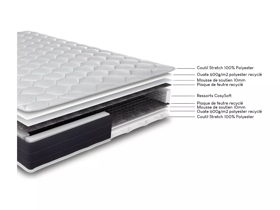 Matelas ressort + Sommier SR15 Volcan 90x200 Rubis - H. 21 cm - Soutien très ferme