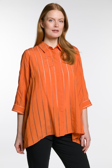 Bluse, Streifen, A-Linie, Hemdkragen, 3/4-Arm, Leinenmix