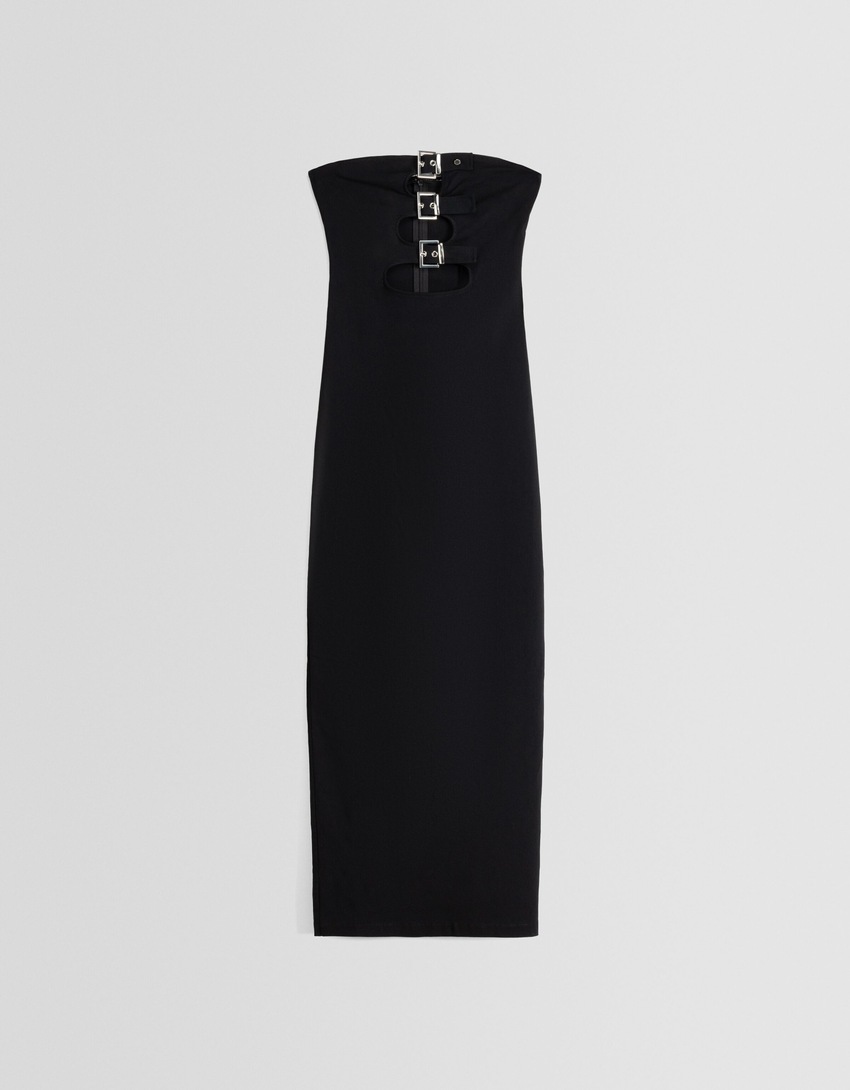 Vestido midi sem alças com recortes e fivelas.