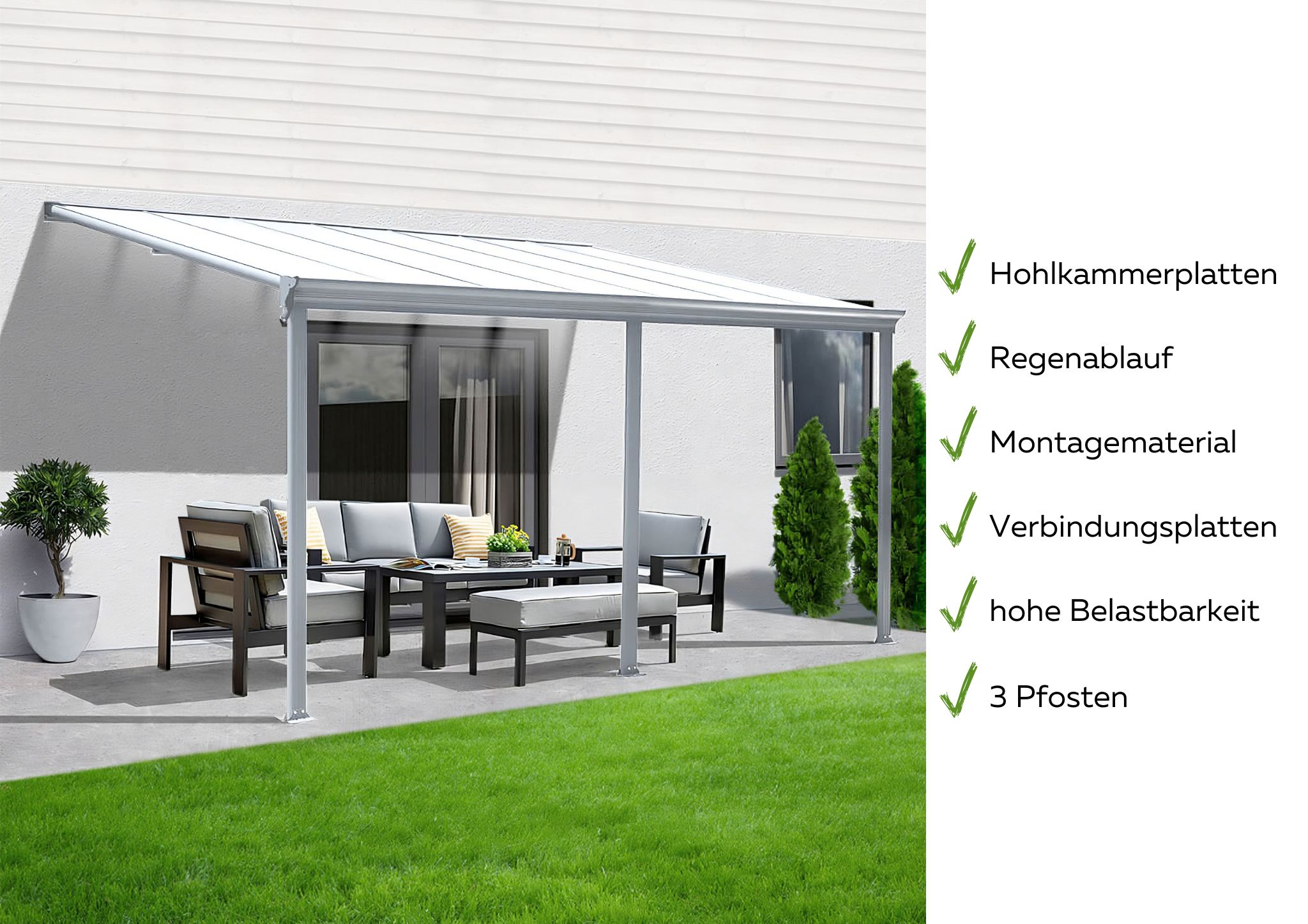 Terrassenüberdachung Aluminium 434 cm als Bausatz Sichtschienen und Hohlkammerplatten Weiß