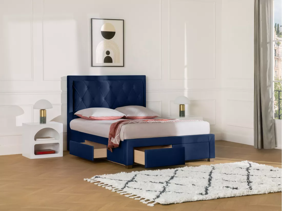 Lit avec tiroirs 180 x 200 cm - Tissu velours bleu - LEOPOLD