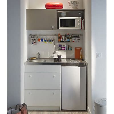 Kitchenette Silver blanche, casserolier + plan de travail + évier + frigo + plaque électrique