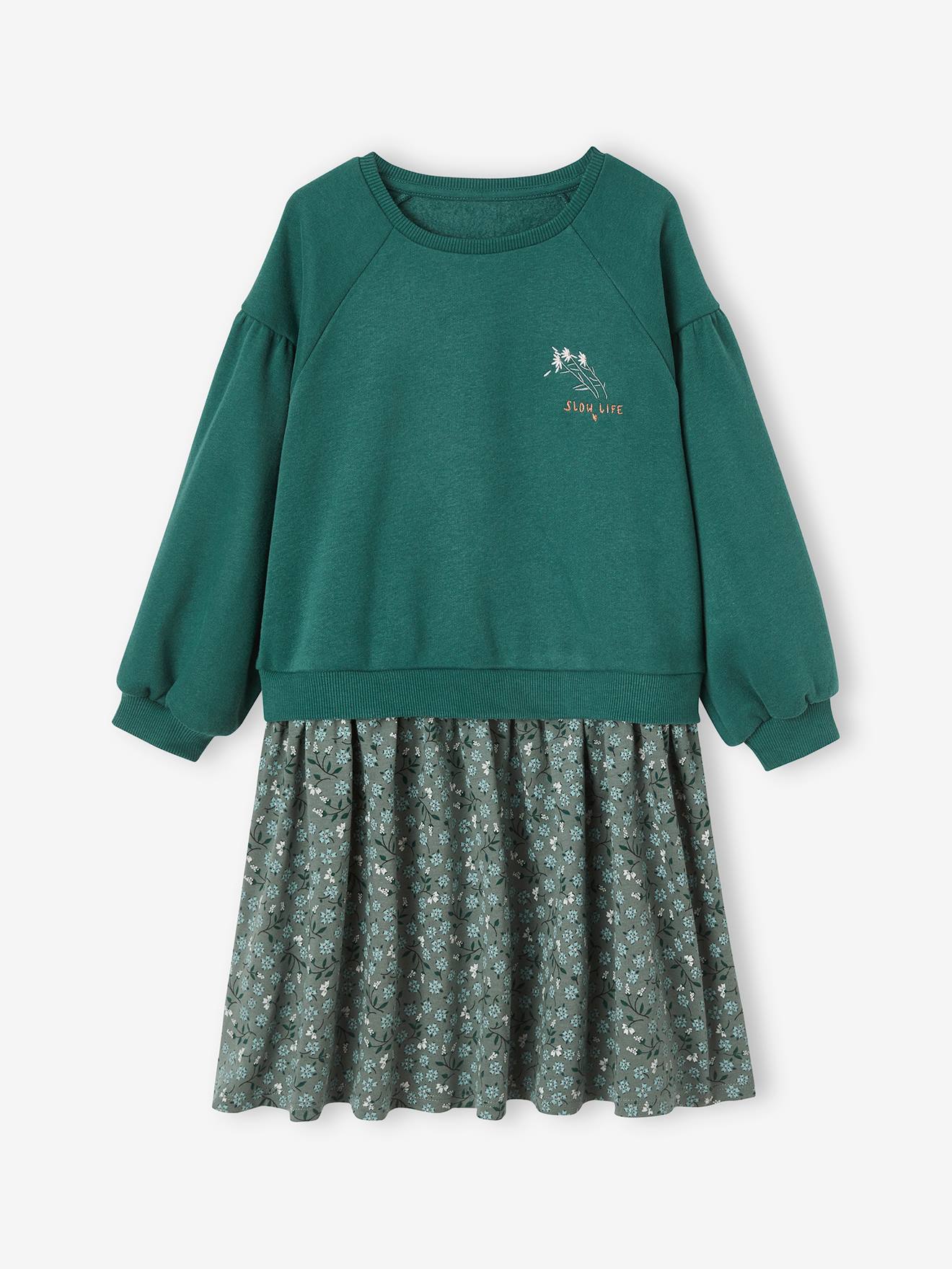 Vestido de dois tecidos para meninas, verde