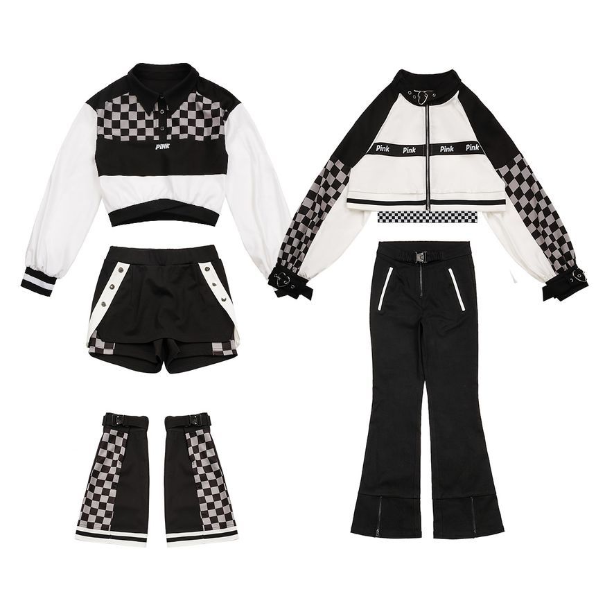 Florimi - Lange mouw crop top / jas / mini rok / bootcut broek / checkerboard beenwarmers (verschillende ontwerpen)
