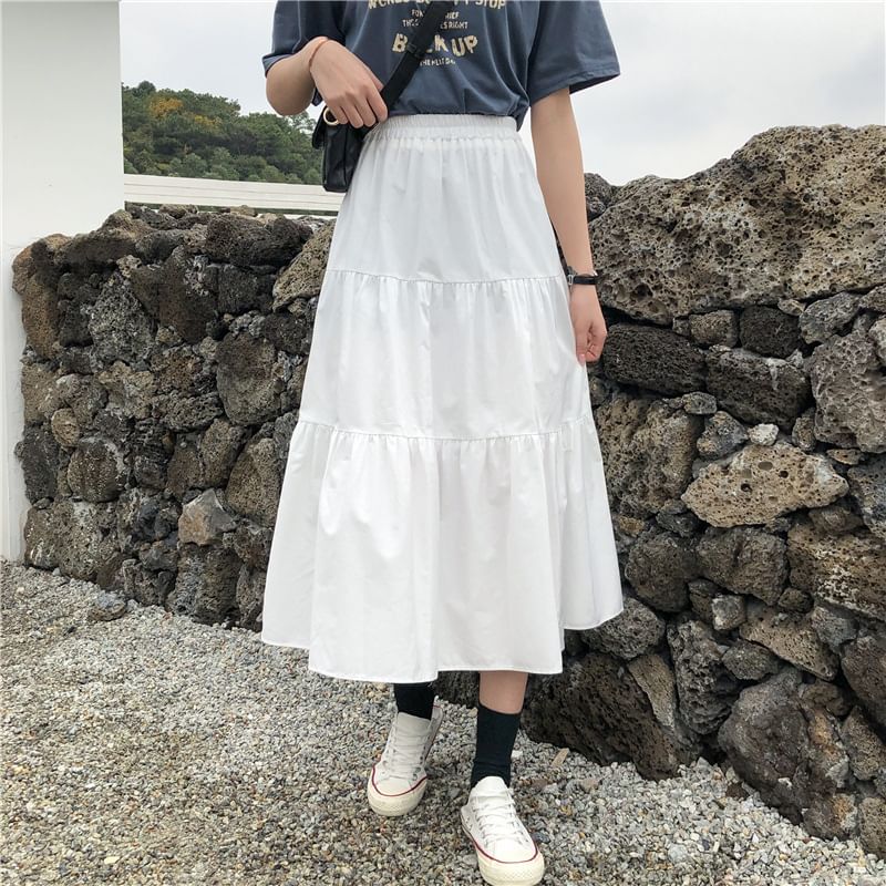 Honey River - Effen midi-A-lijn rok met elastische taille