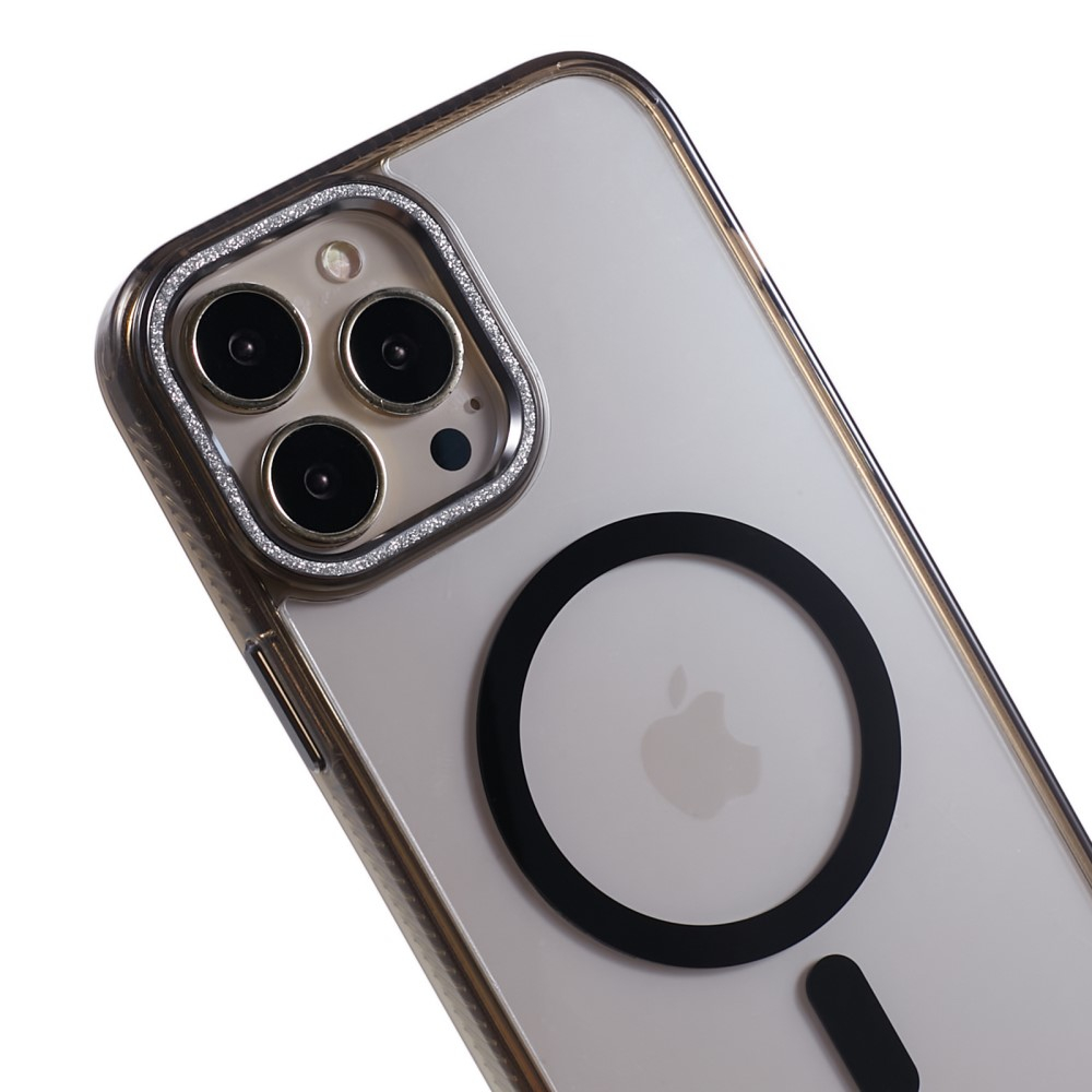 iPhone 14 Pro Max MagSafe Gummi Case Hülle mit Glitzer Aluminium Kameraschutz - Schwarz / Transparent