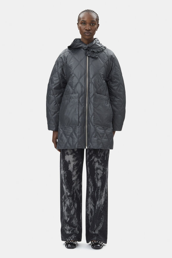 Ganni Shiny Quilt Midi Jacket Black sand