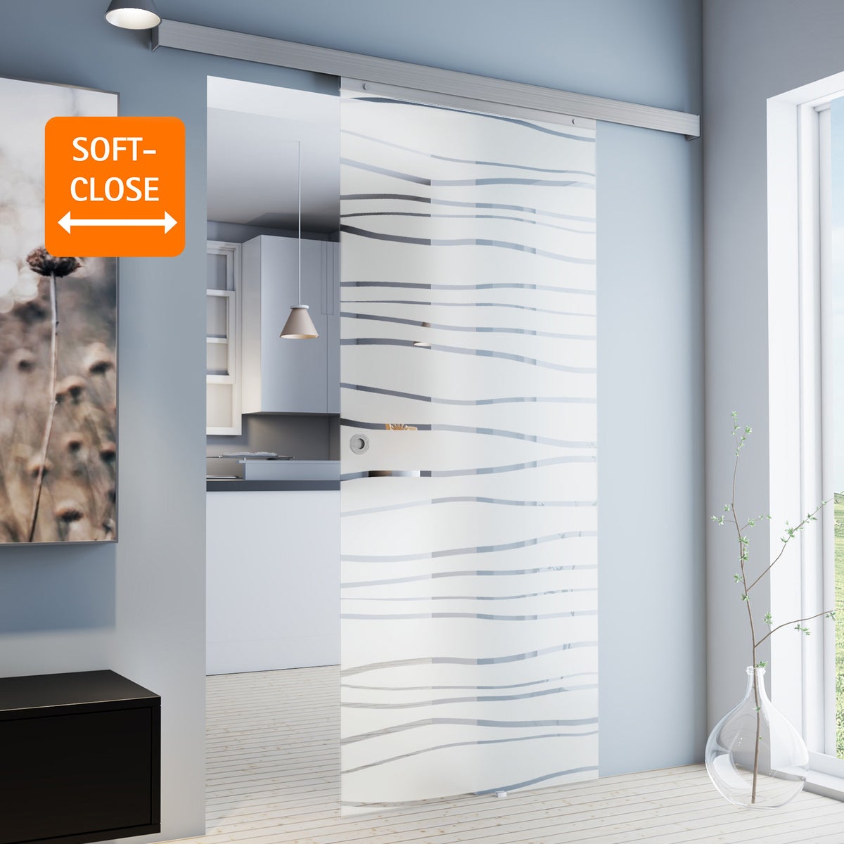 Gebogen glazen schuifdeur 900x2035 mm, binnendeur - verzonken handgreep + 2-zijdige softclose
