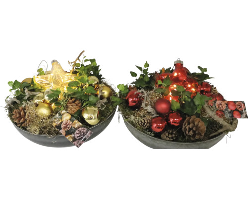 Kerststuk schaal lichtster FloraSelf Ø 30 cm metalen schaal
