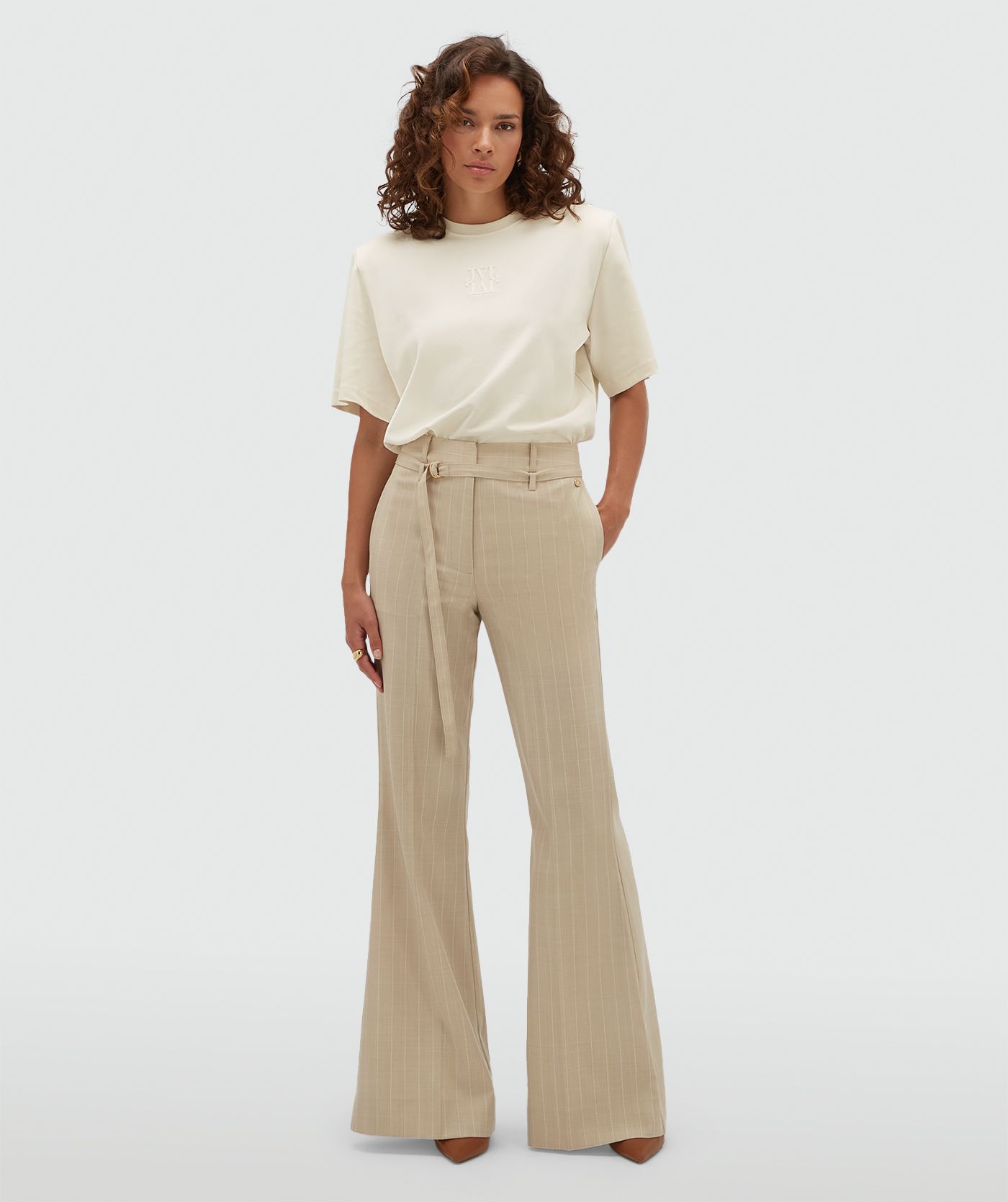 JV-KORA mid rise flared pantalon met krijtstreep - soft stone melange