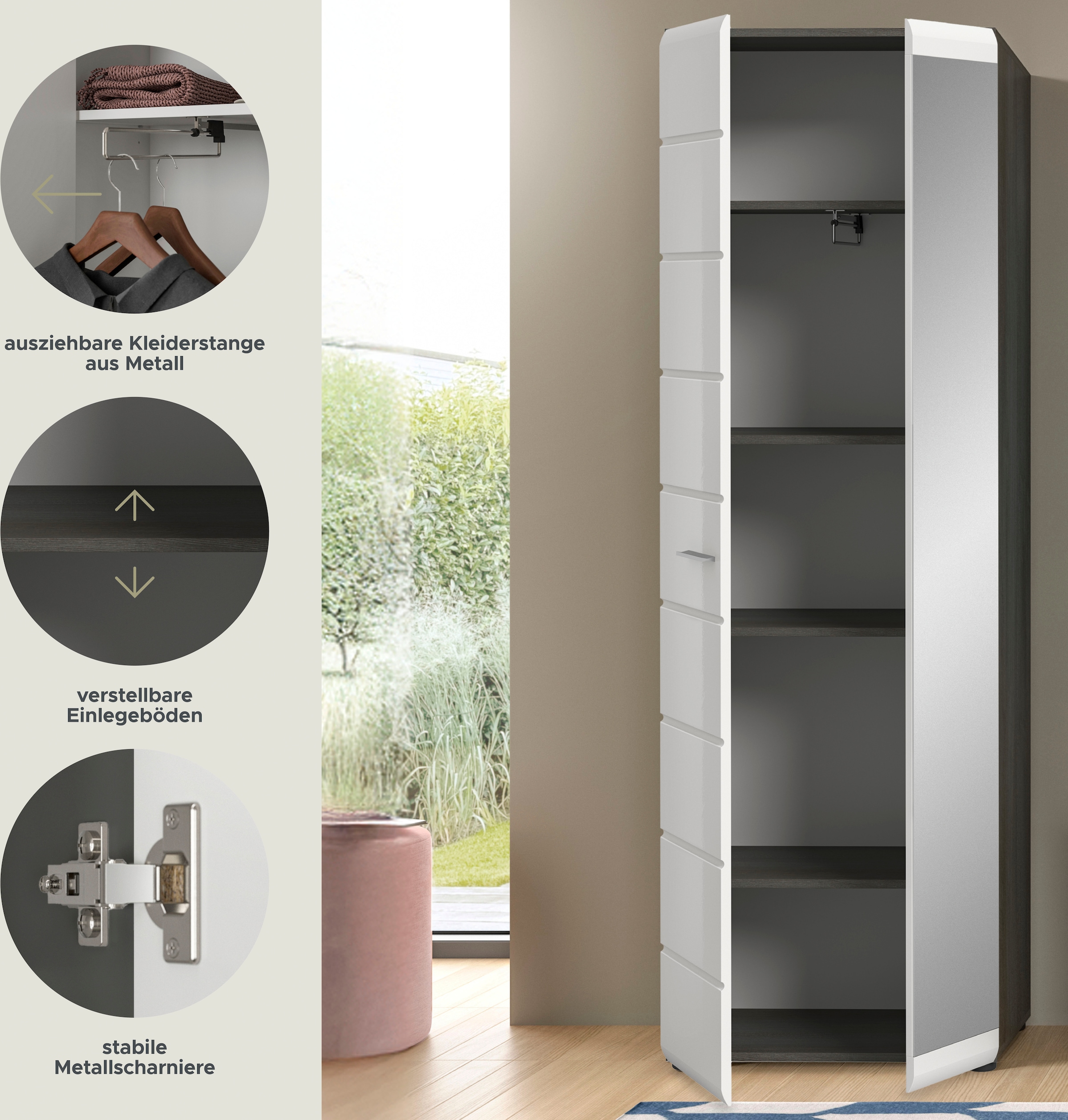 INOSIGN Garderobenschrank »Rumba, Höhe 192 cm, 1 Hochglanz Tür, 1 Spiegeltür, 4 Einlegeböden,« 1 Kleiderstange, Stauraumschrank, Flurschrank, Flurmöbel