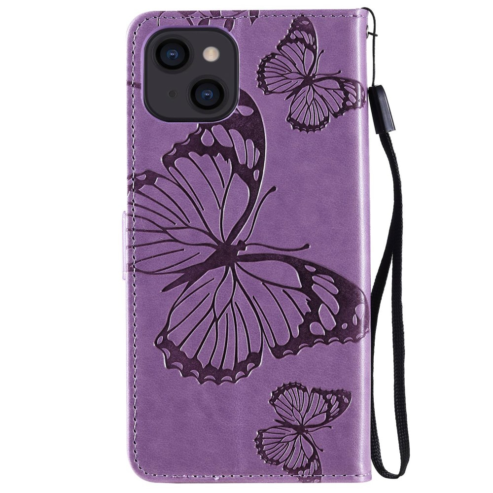 iPhone 14 Leder Tasche mit Kartenfach   Handschlaufe Schmetterling - Lila