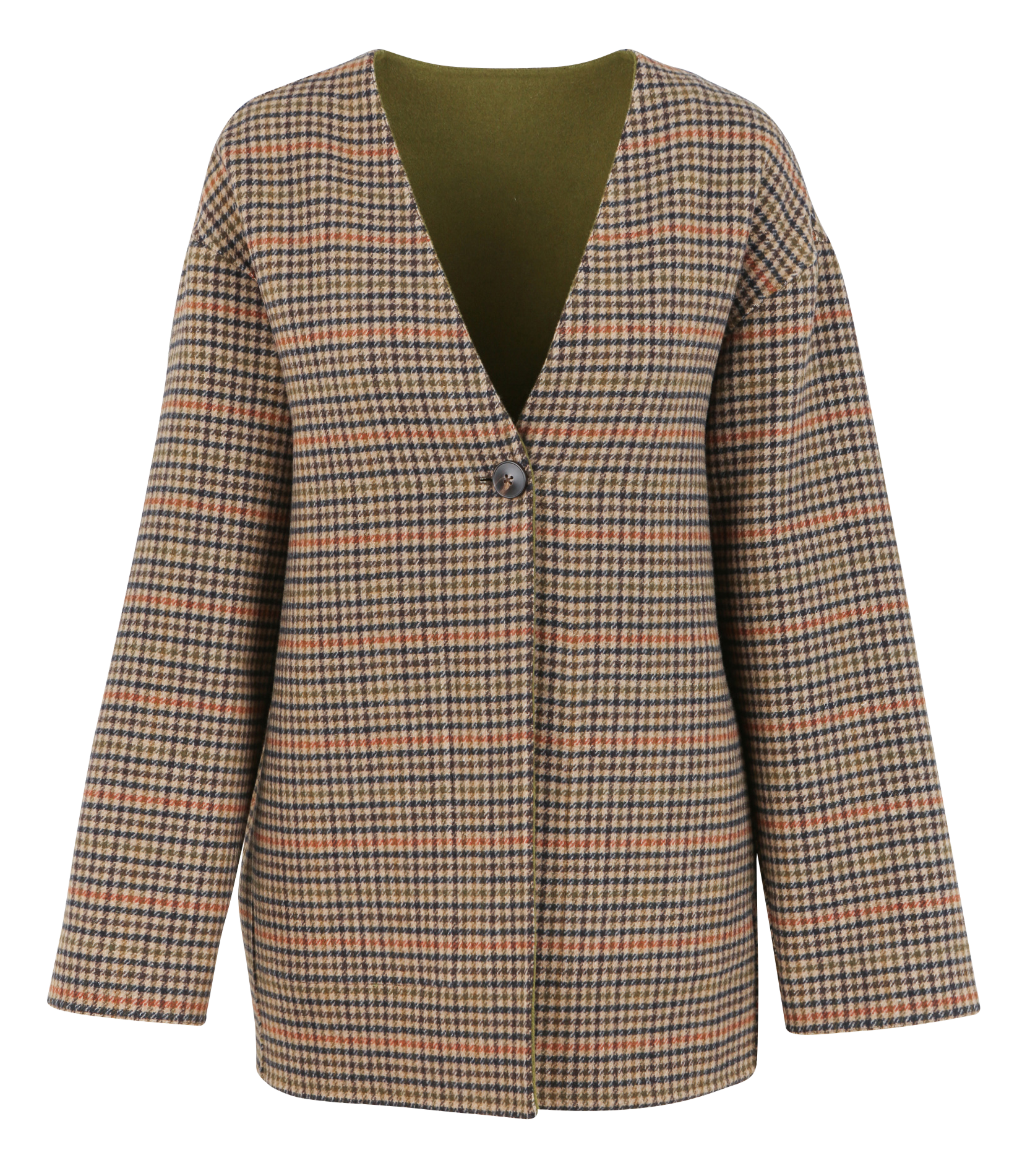 Veste réversible droite col V en laine mélangée | Kaki