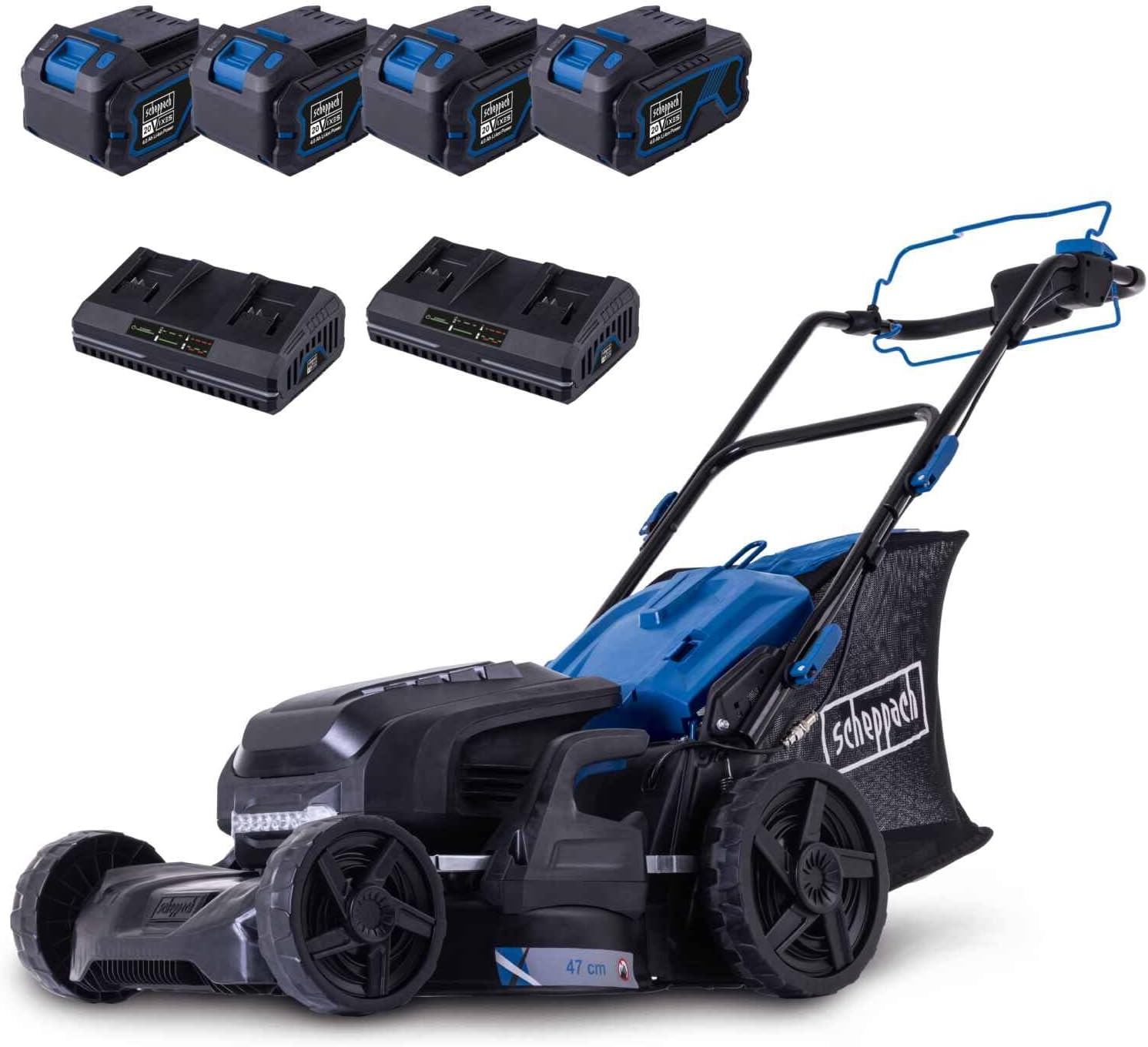 Scheppach Akku-Rasenmäher BC-MP470-X Brushless | Vario-Antrieb | Schnittbreite 47 cm | zentrale Schnitthöhenverstellung | 800 – 900 m² | 20-Volt-IXES-Serie | inkl. 4X 4Ah Akku und 2X 4,5A Ladegerät