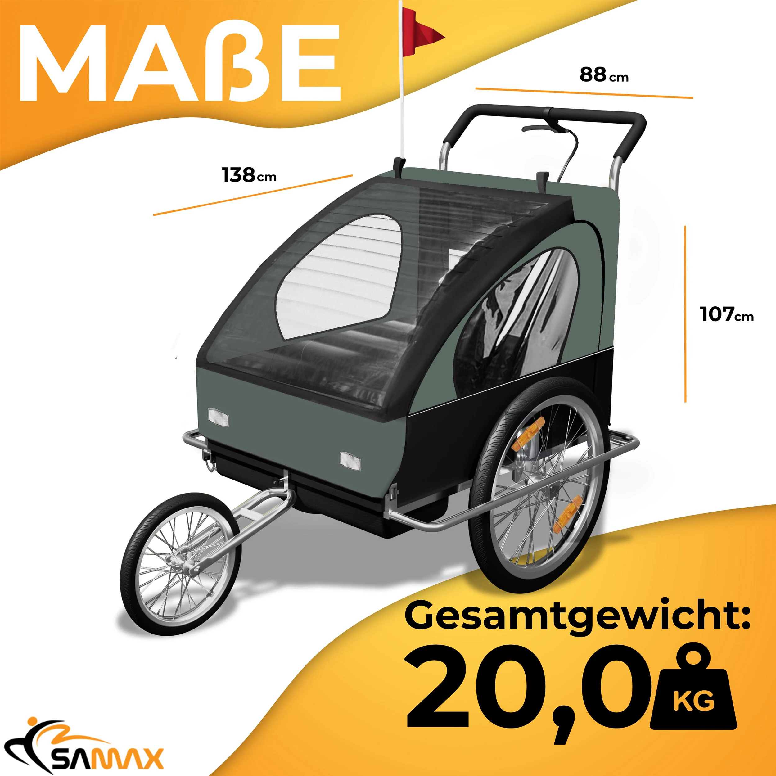 SAMAX Fahrradanhänger 2in1 Jogger - in Dunkelgrün/Schwarz - Silver Frame